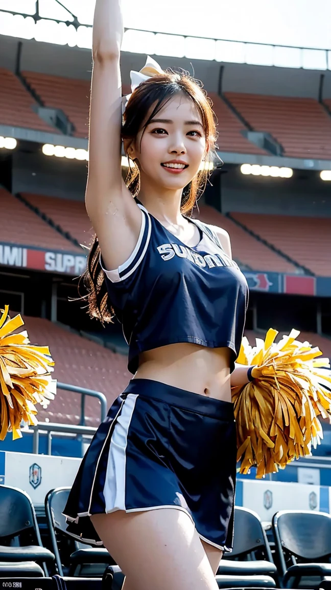 masutepiece, Best Quality, Illustration, Ultra-detailed, finely detail, hight resolution, 8K Wallpaper, Perfect dynamic composition, Beautiful detailed eyes, Cheerleading Deanwear, Natural Color Lip,Slender body,KPOP Idol Face、Cute、Gaze to see the viewer,beauty legs,Perfect beautiful face