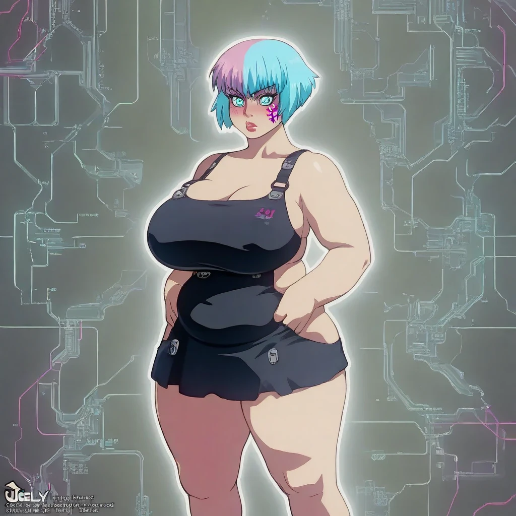 Masterpiece, high quality, best quality, beautiful, HD, perfect lighting, detailed face, ultra cute face, detailed body, ((1girl)), ((solo)), blue hair, medium hair, messy hair, ponytail, green eyes, looking at viewer, confidant smile, ((blush)) large breasts, cleavage, covering, perky breasts, ((massive hips)), (((thick thighs))), (((thicc))), (((fat ass))), (she has a jiggly fat belly), (((chubby))), ((chubby belly)), (chubby female), ((((fat folds)))), belly hang, ((belly grab)), crop top, shorts, ((undersized shorts)), far future, (cyberpunk), neon lights, in public, facing to the side, cowboy shot, dynamic angle,