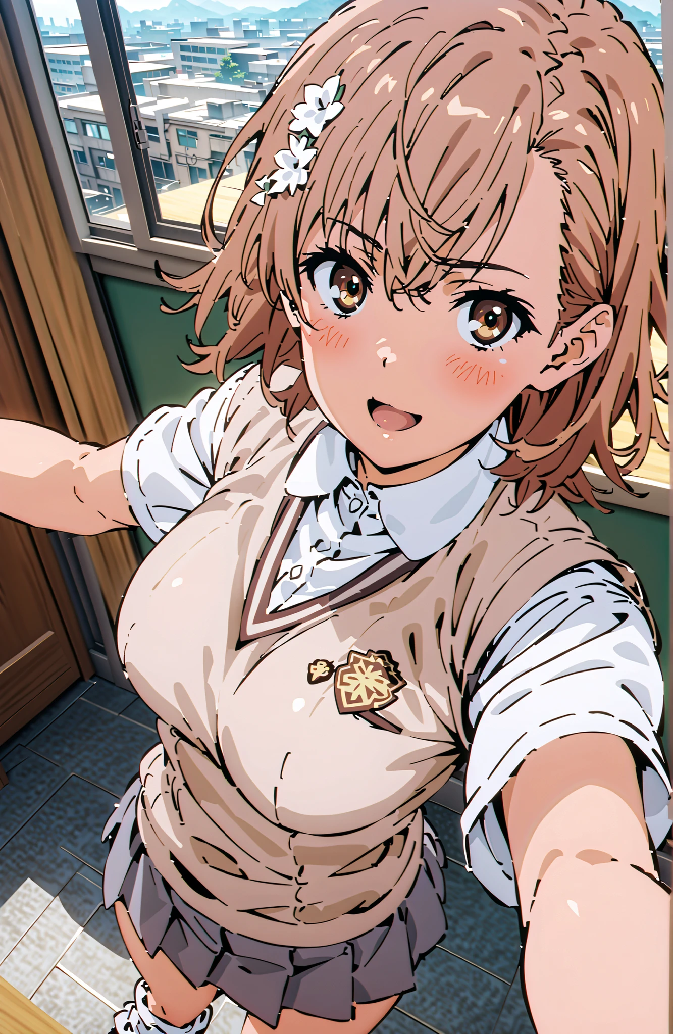 Misaka Mikoto , short hair, brown hair, hair ornament that grabs Narmaya's chest, hair flower, brown eyes in the bedroom,smile,blush,open your mouth,
skirt for ears, shirt, uniform, white shirt, Short Sleeves, pleated skirt for ears, grey skirt for ears, sweater vest,loose socks ,loafers,tokiwadai uniform,I'm holding a bouquet with both arms,angle from above with bib,, Flower blowing snow,curtains,window, Beautiful Streetscapes,standing,in their 40s indoors, Classroom,
in their 40s looking at viewer,full body,
in their 40s (masterpiece:1.2), Highest Quality, high resolution, Unity 8k 壁紙, (Illustrations:0.8), (beautiful detailed eyes:1.6), very detailed face, perfect lighting on the table, extremely detailed CG, (perfect hand, perfect anatomy),