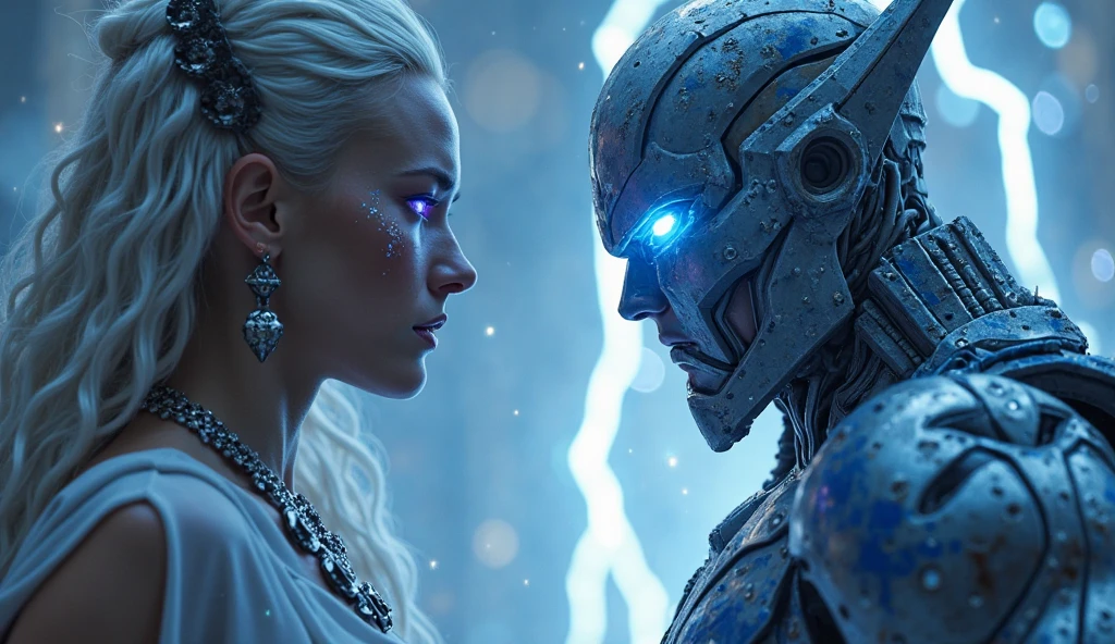 a woman standing next to a man in a body suit, still from a music video, movie still of aztec cyborg, die antwoord music video, movie still of a alien cyborg, unreal engine : : rave makeup, enormous chrome man, movie still of a villain cyborg, alex grey and romero ressendi, kylie minogue as barbarella, metal hurlant --auto --s2