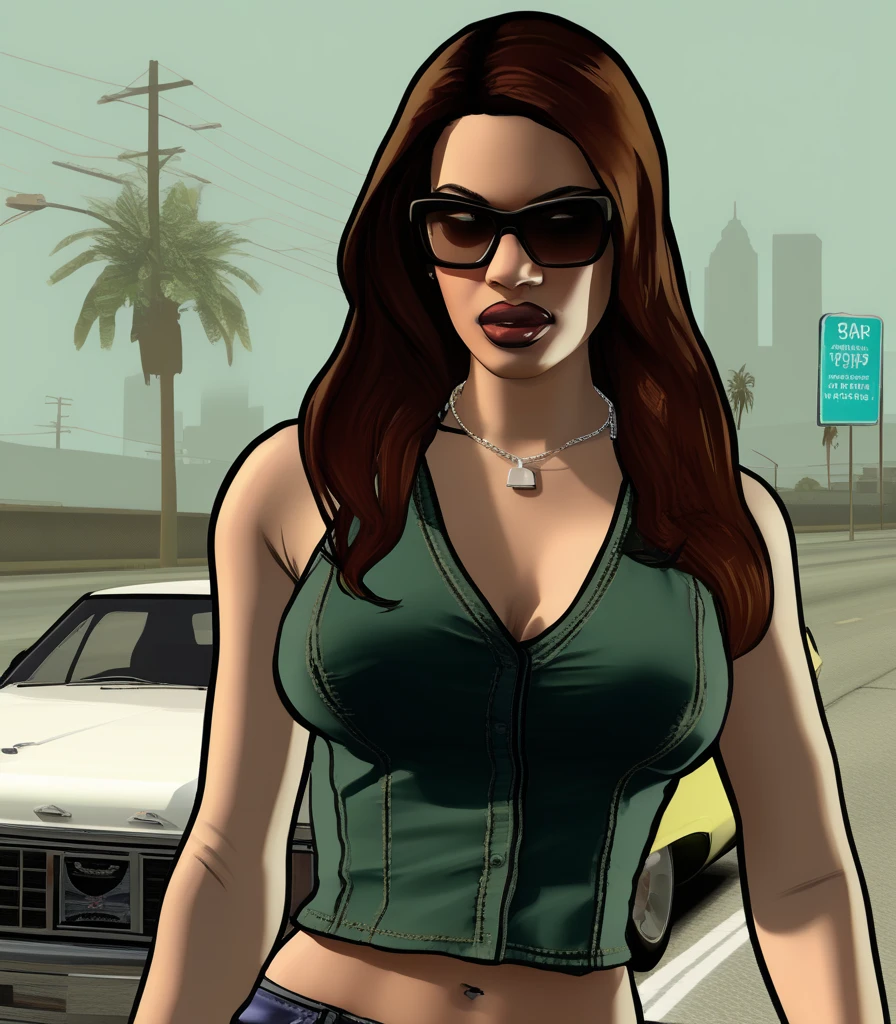 Cory Chase as GTA5 Character/wearing cosplay Dominatrix outfit / Huge Breasts/ hidden areola / milf , thin waist / GTAV Loading Screen 2D art,  , cinematic composition, standing in front of a city, shaders, bright cinematic lighting, soft contrast, GTA5 loading screen, gta art, wallpaper 4 k, wallpaper 4k, hq 4k wallpaper, gta loading screen art, fan art, rockstar games art /