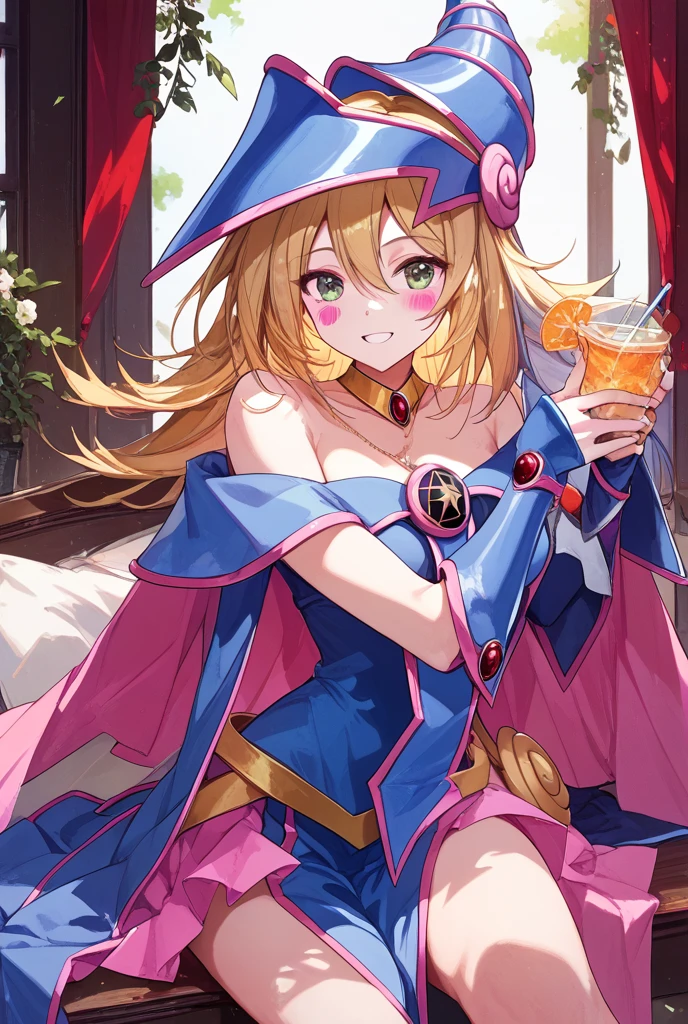 master piece,best quality,ultra detailed,8k,
ambient light,realistic skin,glossy skin,break、
(dark magician girl, duel monster, blush stickers, blonde hair, green eyes, long hair, breasts, blush, bangs, large breasts, hair between eyes, pentacle, pentagram, hat, dress, cleavage, bare shoulders, collarbone, choker, blue headwear, wizard hat, bracer, detached sleeves;)、break、
A realistic depiction of a person trapped inside a glass bottle, 、(lie face down:1.3)、(the body is very wet:1.5)、yukata、Glossy lips、Slightly emphasize the lower lip、A refreshing smile、emphasizing the cleavage、