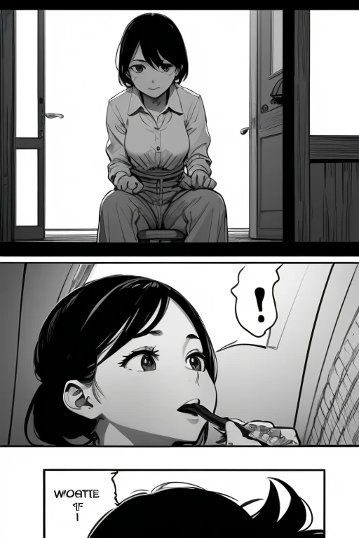 two shot panel, Curvy Black woman with Afro, lifting up white shirt to show her white high cut panties, speech bubble saying "Hey, look over here, for a second...", mouth open to talk, anime art style, intricate details