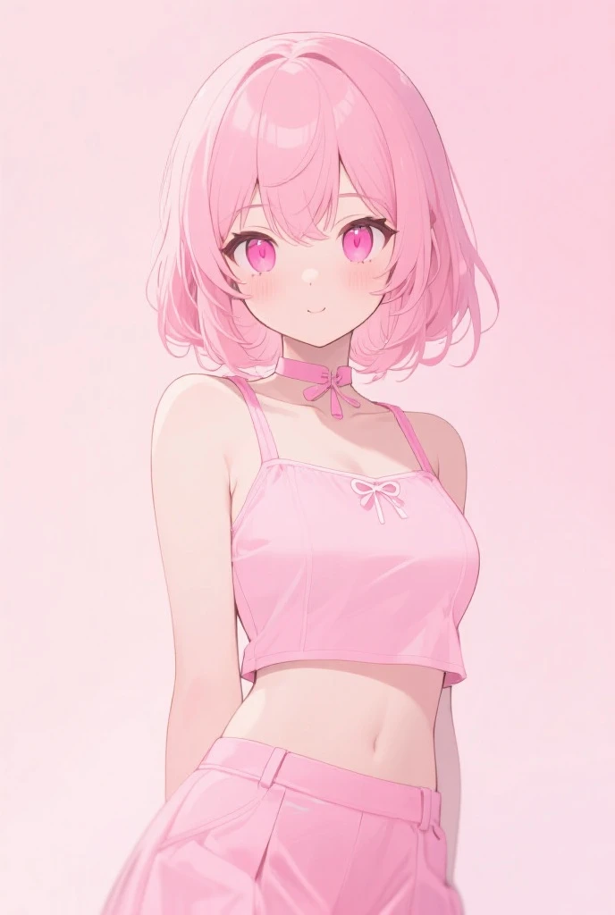 une jolie fille, with pink hair in a bob cut with sakura haruno's hairstyle, vêtue d'un pantalon blanc et un soutient léger noir, with sexy boobs