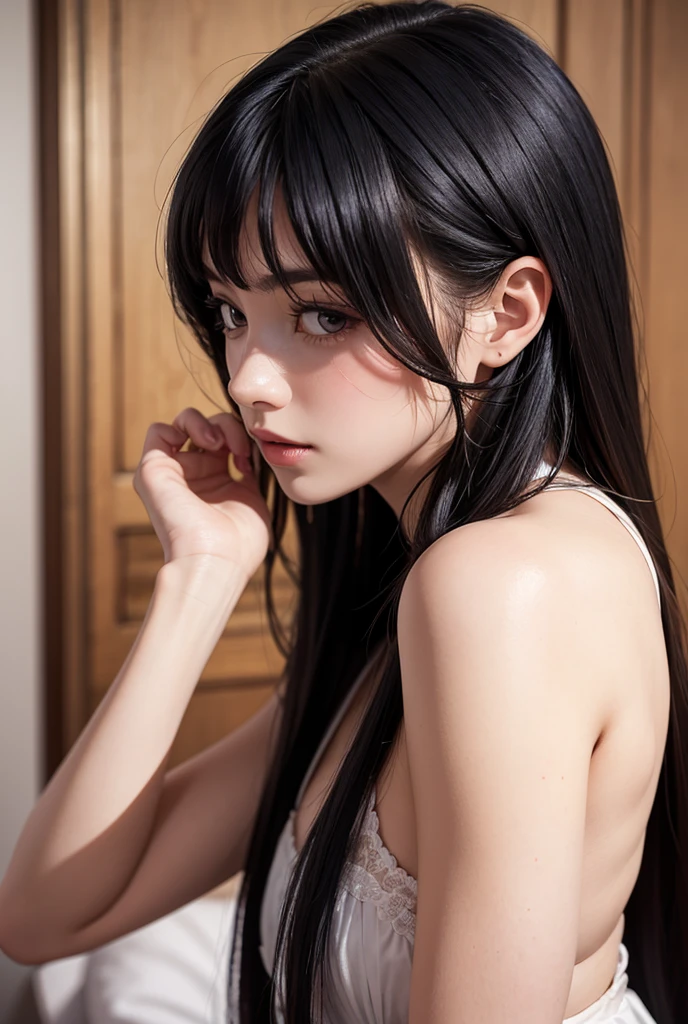 A woman with a thin and rather pale face, small cheeks and thin and soft, slightly pink lips. Black eyes and round red, almond-shaped pupils, a stoic and drooping, bored look. Long black eyelashes. A black eye patch over the left eye. Moles on the lower lip on the left and another above the lips to the right. Long black hair, with bangs that go everywhere, with dark red highlights. The back hair tied with a falling ponytail tied with a white bow, red streaks on it.