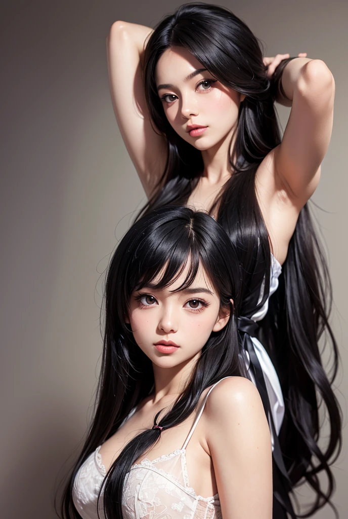 a woman standing in the middle of a forest, a picture, by Shingei, pixiv, big breasts!!, with pink hair, female protagonist 👀 :8, noire, (RAW photo:1.2), (photorealistic:1.4),(intricate details:1.2),(masterpiece:1.3),(best quality:1.4), (ultra highres:1.2), cinema light, ultra high res,(detailed eyes),(detailed facial features),(detailed clothes features), fully clothed, sweater, mini skirt, HDR, 8k resolution, looking at viewer, skin tight, (shiny skin), (slender girl), dreamlike, hair ornament, narrow waist, (extreme detailed illustration), bedroom, straight hair, long hair, black hair, light blue eyes, 1girl, cute, innocent, (smile), (innocent smile), skinny body, indoors, breasts, large breasts, busty,
