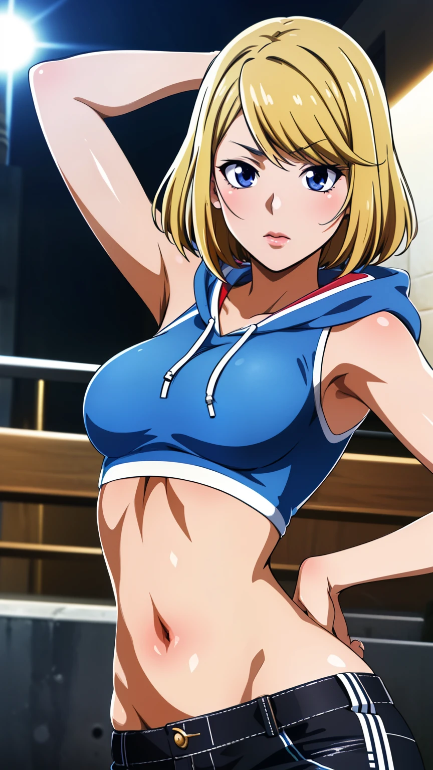 masterpiece, high quality, (realistic skin texture), (Anime Coloring), very well detailed, very well detailed, preface face, beautiful eye, perfect eyes, detail eye, big highlight, detail face, super detailed, detail eye, Symmetrical eye, (Dynamic Angle), (((expressionless))), sharp details, That Katamisuzu , blond hair, short hair, (half closed eyes:0.8), (small breasts:1.2), Ken1loli, ((short, dwarf)), (slender:1.3), nffsw, (Hip hop dancer style, cap, pants, hooded sweatshirt, colorful shirt, navel, natural lip, city, night, stylish pose, stylish angle), looking at the viewer, in the center of the image, sexy poses, dynamic angles, beautiful long legs, Beautiful body, Beautiful Nose, beautiful character design, perfect eye, perfect face,expressive eye, perfect balance , viewers,(Focus on her face),closed my mouth, (Innocent_big_eye:1.0), official art,Highly Detailed CG Unity 8K Wallpaper, perfect lighting,colorful, bright_Front _face_lighting,white skin, (masterpiece:1.0),(Highest_quality:1.0), High Resolution,4K,super detailed, photo shoot, 8k, High Resolution, High Resolution, Kodak Portra 400, FILM GRAIN, lens flare, ( vibrant_color:1.2), pro pics, (Narrow _ waist ),