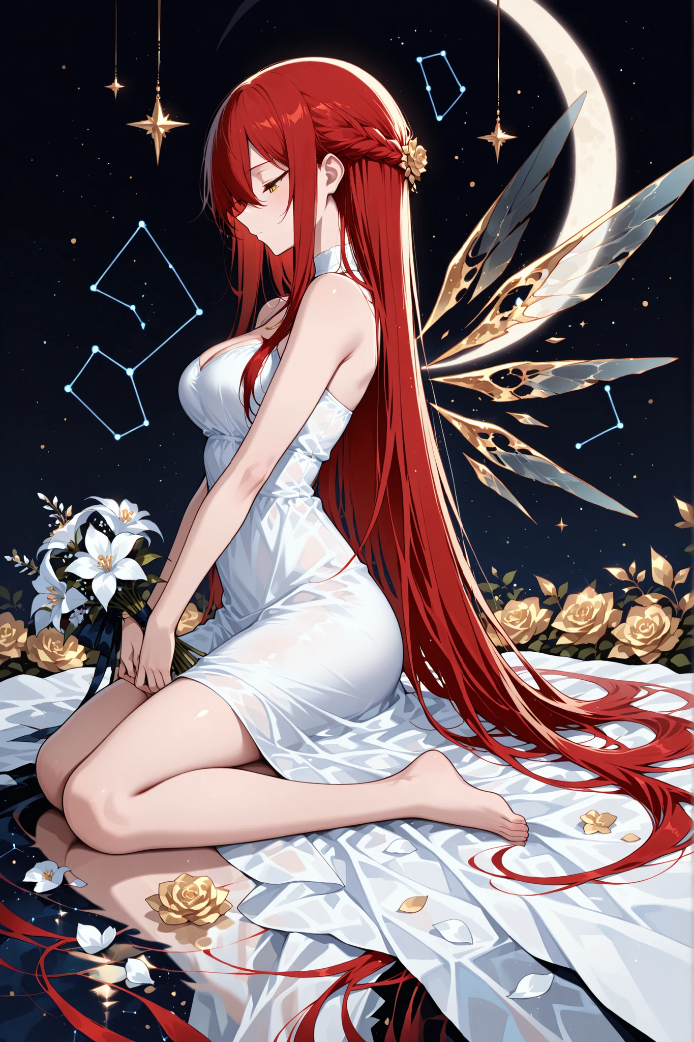 illustration of an angel looking down from the moon to hold flowers, 1 girl , golden eyes , very long hair , long sidelocks, red hair ,half updo, petite , very cute , beautiful ,Straight hair, cool, handsome, hair between eyes, sexy, female, mediumlarge breasts, lovely, dress, flower, solo, glass wings, white dress, closed eyes, hair flower, hair ornament, bouquet, constellation, crescent moon, barefoot, long hair, profile