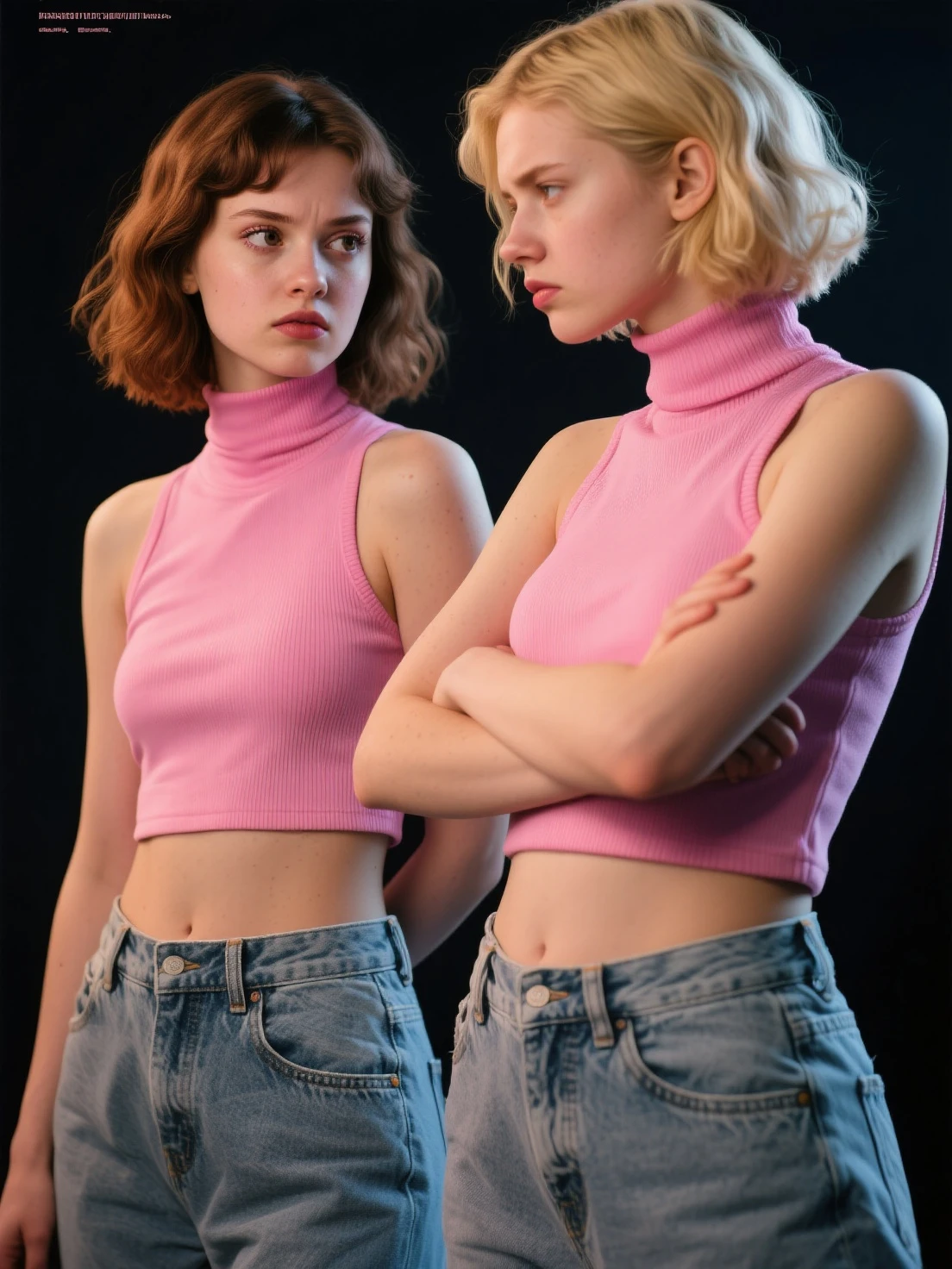 a 16 y.o. trashy girl, ginger girl very pale skin full of freckles, pink, blue, yelow... top and mini skirt,very thin, very very large puffy ears, big long nose,flat stomach, recording a in an abandoned airport full of abandoned airplanes, dynamic poses,