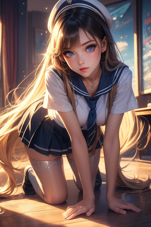 ((masterpiece)), ((best quality)), ((ultra-detailed)), (illustration), ((an extremely delicate and beautiful)), masterpiece, high quality, Draw a detailed face, blurred background, 4K, ultra-intricate pupil in eyes, shiny eyes, parted lips, kawaii, cute, , slender, (ultra delicate and beautiful skin), perfect anatomy, (masterpiece, best quality), (ultra-detailed 8K), (perfect design), highres, ((blush)), (super fine illustration), masterpiece, best quality, (amazing, blunt bangs), high resolution, cute face, masterpiece, best quality, extremely detailed, anime, beautiful girl, ((1girl)), long hair, ((nsfw)), ((full body)), ((blond hair)), ((twintails)), (()), ((sailor dress)), ((aquamarine eyes)), (elaborate crown), (skirt lift), (panty shot)