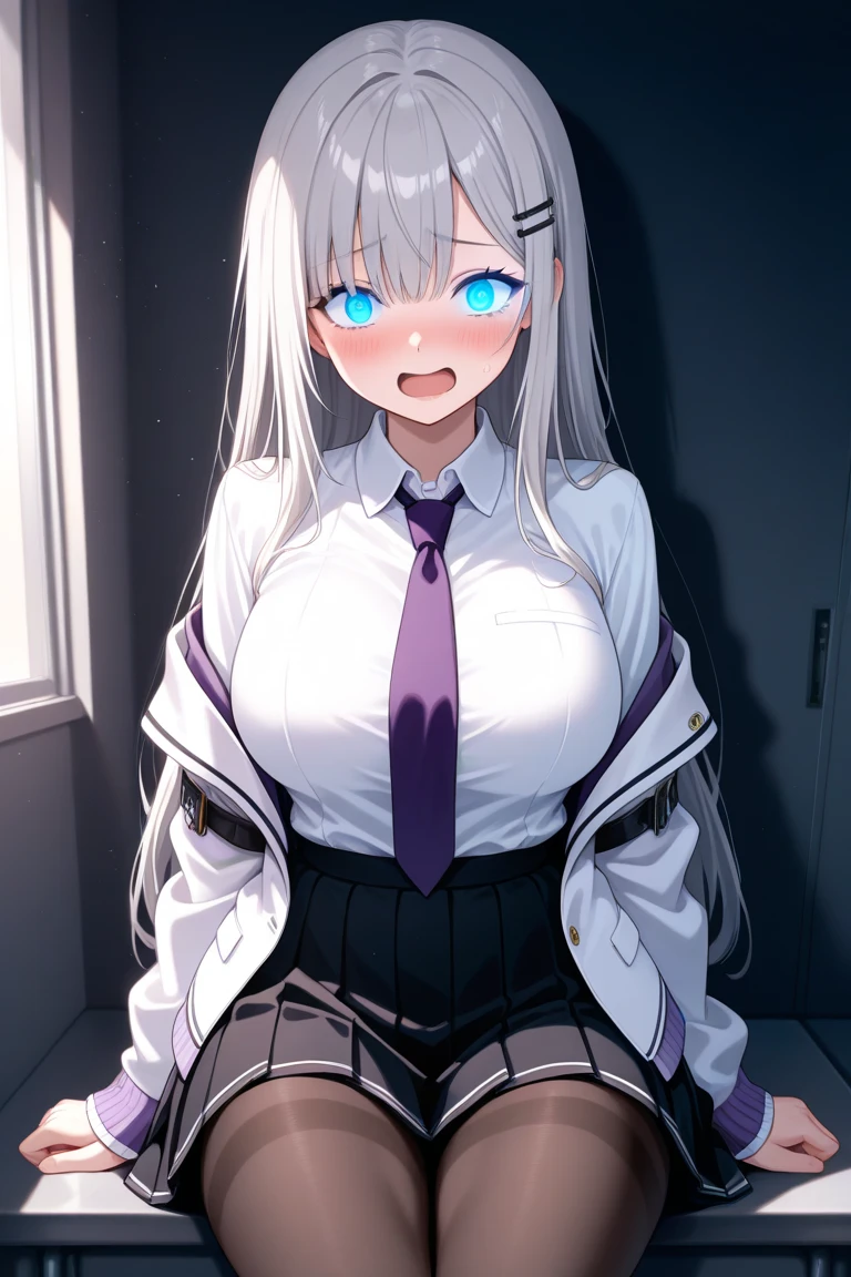 (solo), (416_GirlsFrontline), skinny girl, BREAK, (bursting huge breasts:1.4), narrow shoulders, narrow waist, (skinny long legs), arms behind back, BREAK, (dark purple jacket), (very short high-waist skirt), thigh gap, (black thighhighs), BREAK, smile for viewer, embarrassed, nose blush, open legs, (nsfw:0.6), slipping white panty