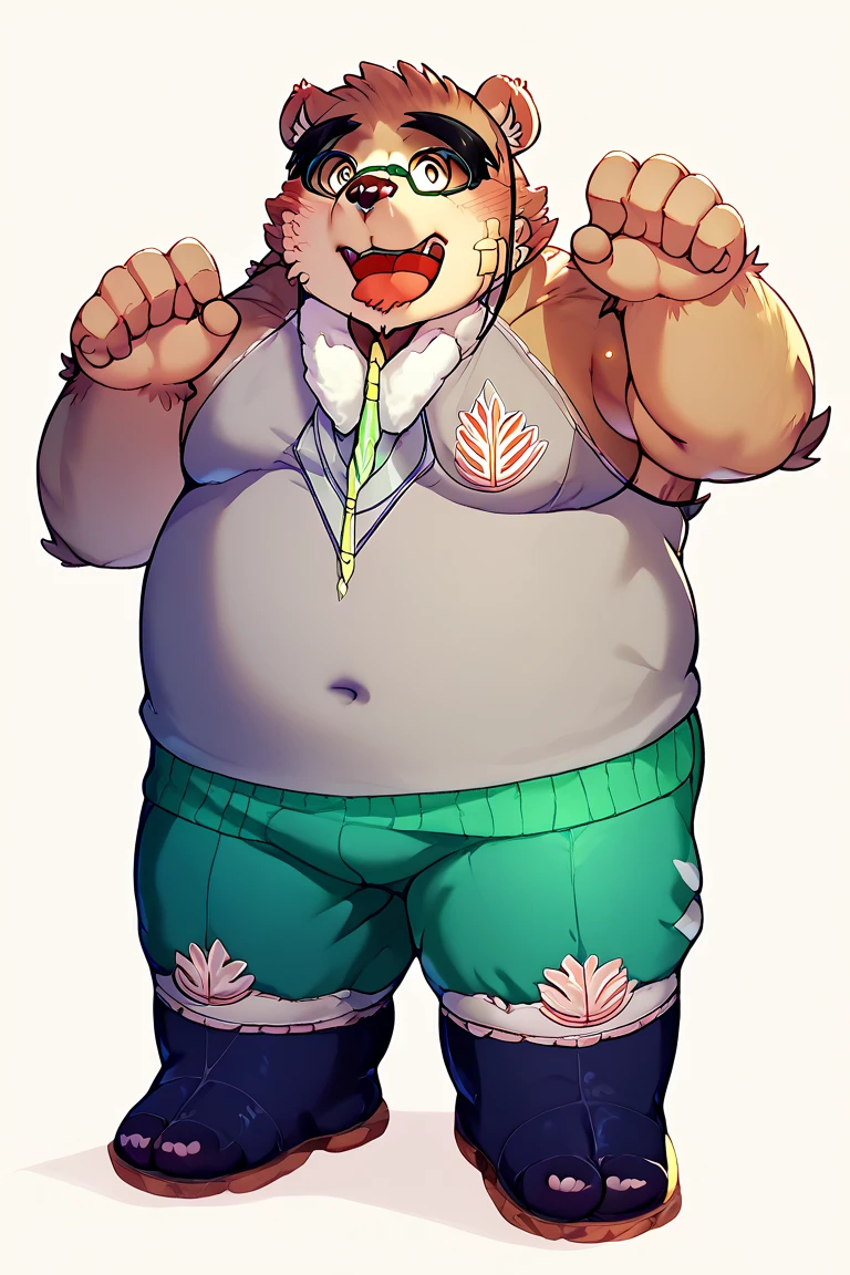 White-skinned wolf boy,obesity,abdomen,Tightened tie black loincloth,red sandals,White paws,Orange hair,Thick legs and arms