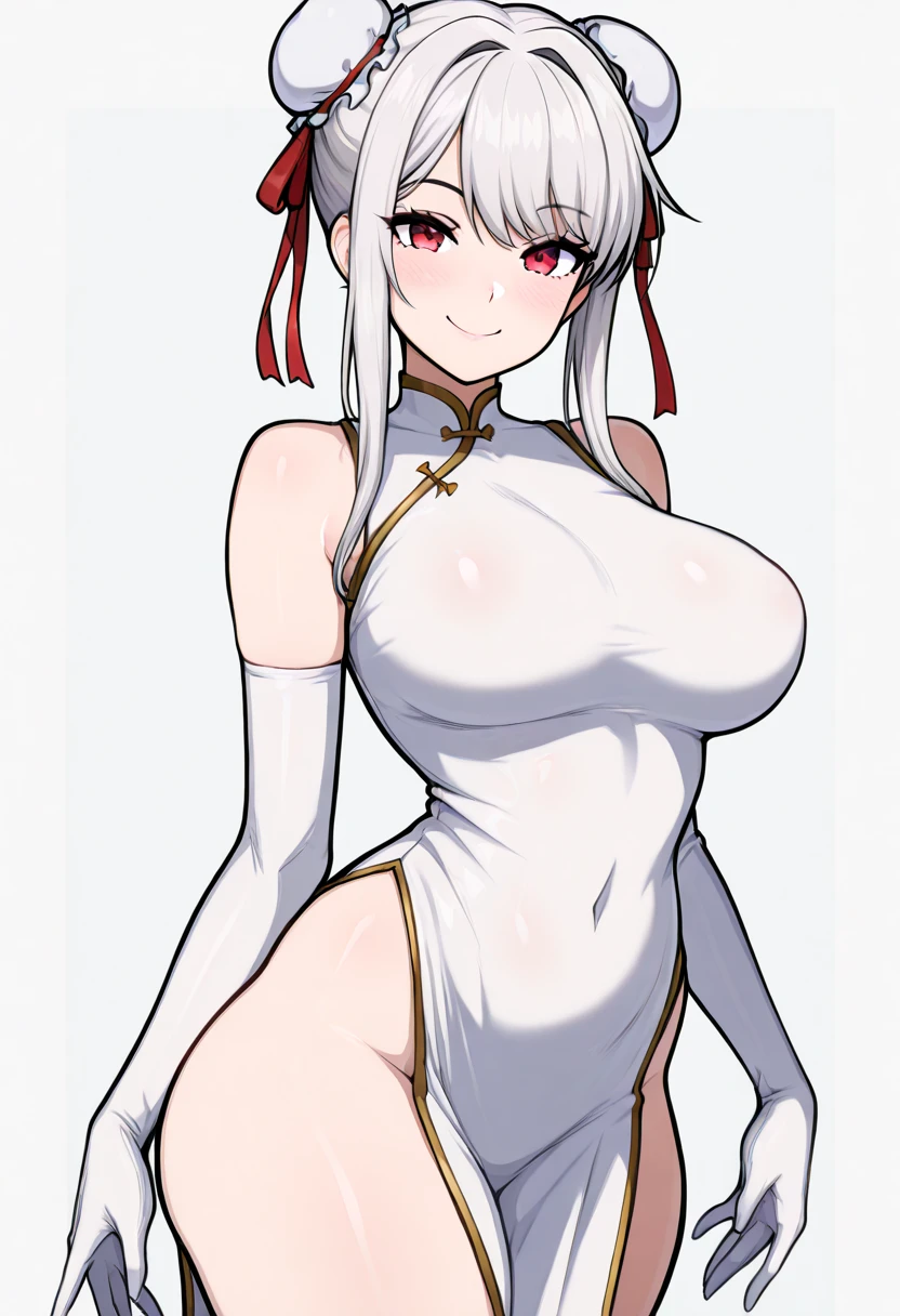((masterpiece、top-quality))、(独奏)、(female focus)、(Ahoge、white hair、short-hair)、Black eye、lightsmile、placket、 Standing、White background、back arms、dynamic ungle、barechested、Nipples visible、Colossal tits、touching a man's genitals、