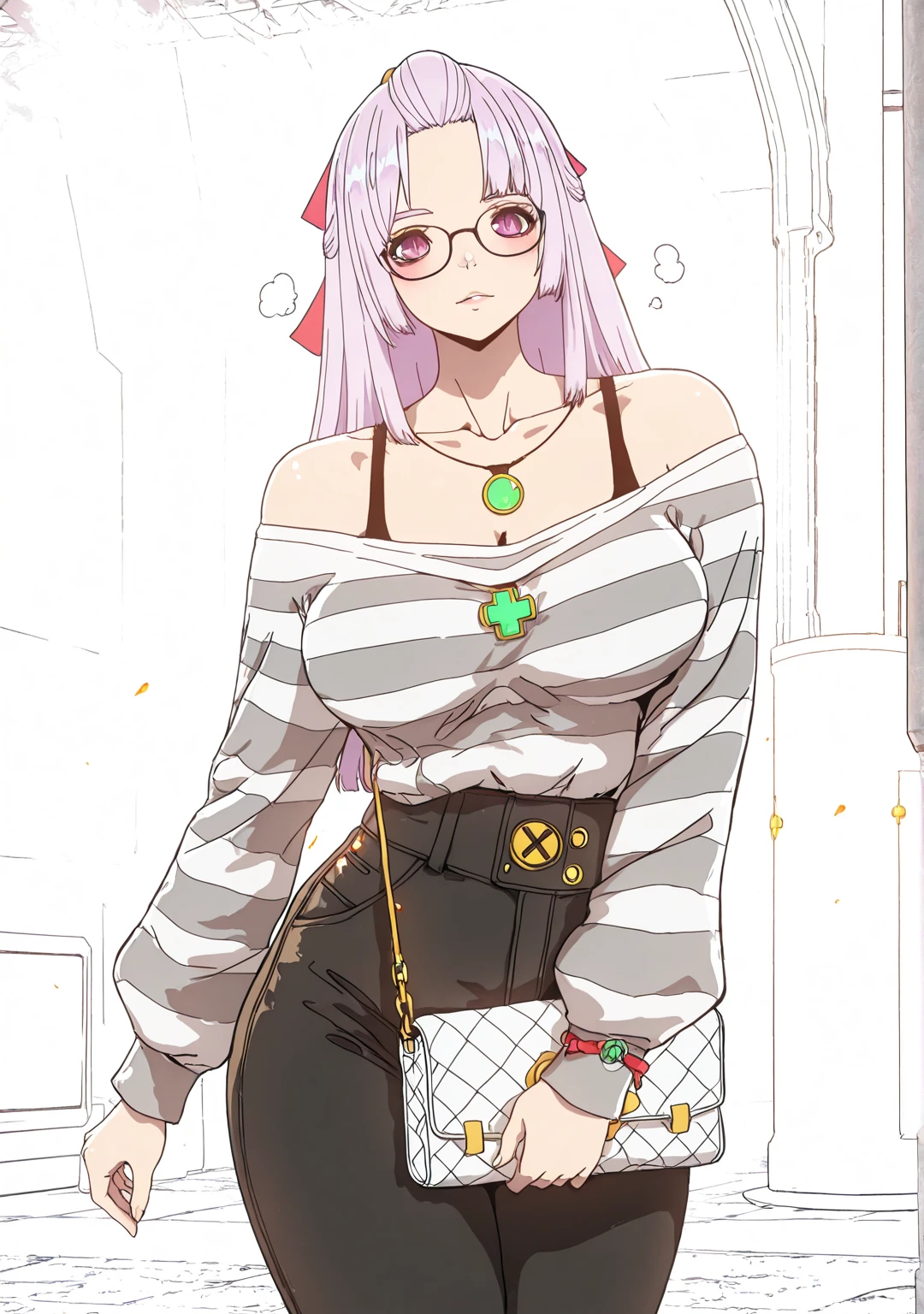 ggstduel, (norman_maggot-style:1.4), (pochi_(pochi-goya)-style:1.2), ((anatomical correct)), ((embers)), ((Cinematic, unreal engine, eye-catching, ambient occlusion, UHD, masterpiece)), ((perfect lighting)), perfect body, perfect eyes, perfect fingers, gasping, heavy breathing, gasping profusely, ((skindentation)), ((curvy)), SHIKOKU_(MATO_SEIHEI_NO_SLAVE), purple hair, purple eyes, slit pupils, long hair, hair bow, red bow, parted bangs, ribbon trim, half updo hair, bangs_pinned_back, straight hair, medium breasts, plump, 1girl, glasses, solo, breasts, jewelry, necklace, bare_shoulders, pants, looking_at_viewer, off_shoulder, high-waist_pants, striped_shirt, striped, sweater, handbag, blush, holding, collarbone, shirt, long_sleeves, indoors
