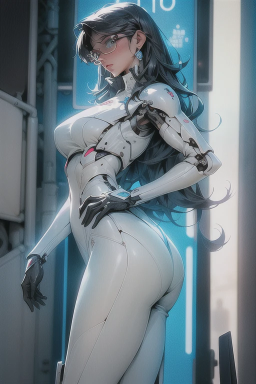 1girl in, bodysuit space suit, tight-fitting suit,white mechanical bodysuit,Cyberpunk Suit,angry, Full face blush, Dress Lift, NSFW, silver mechanical panties, garter strap,, 细致背景, masterpiece, top-quality,