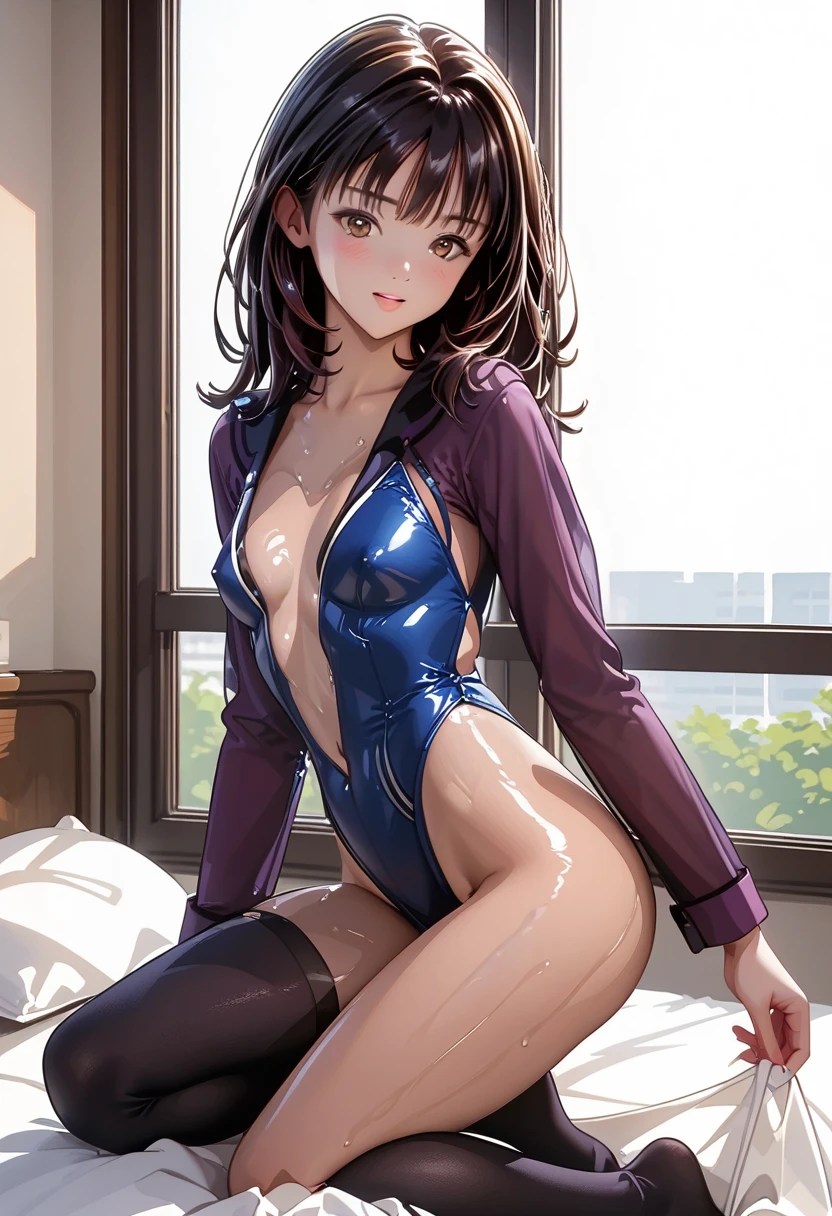 (masutepiece: 1.3), (max resolution: 1.2),, (Detailed eyes and skin), (detailed facial features), nffsw, Sharp Focus: 1.2, Perfect Style, Beautiful face, Perfect body,Highly detailed face and skin texture, Detailed eyes, Dark-blue eyes, Double eyelids, Thin eyebrows, Glitter Eyeliner: 1.2, Natural cheeks, Glossy skin, Fair skin: 1.2, shiny little necklace and earrings, (Glossy lips: 1.A very cute female teacher), (Seductive smile: 1.2), ((a Innocent and cute girl:1.3)), (long, straight haired, bangss), (ligh brown hair:1.2), medium large breasts, FULL BODYSHOT Shyness Floral swimsuit Herren cute little Breast Emphasis Pose Sexy Hips Slouched Kamimei Wet shirt
