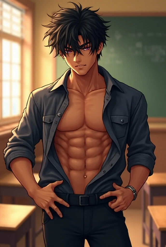 smiling face, open shirt, green shirt, black hair, hair, nipple hair, pectorals, closed mouth, smile, american high school corridor, beautiful, hunk, hazelnut eyes, perfect eyes, well defined eyes, beautiful face, jock, jeans, muscular male