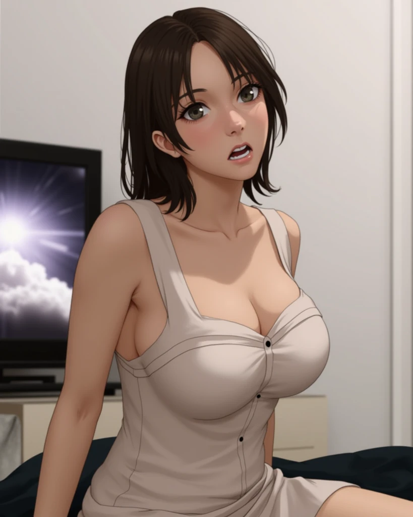 masterpiece, stunning photo of a hot girl , (wetshirt), cleavage, sitting in a movie theater, legs wide apart , popcorn tub, sexy, jeans <lora:WetShirtStyleDogu:1>