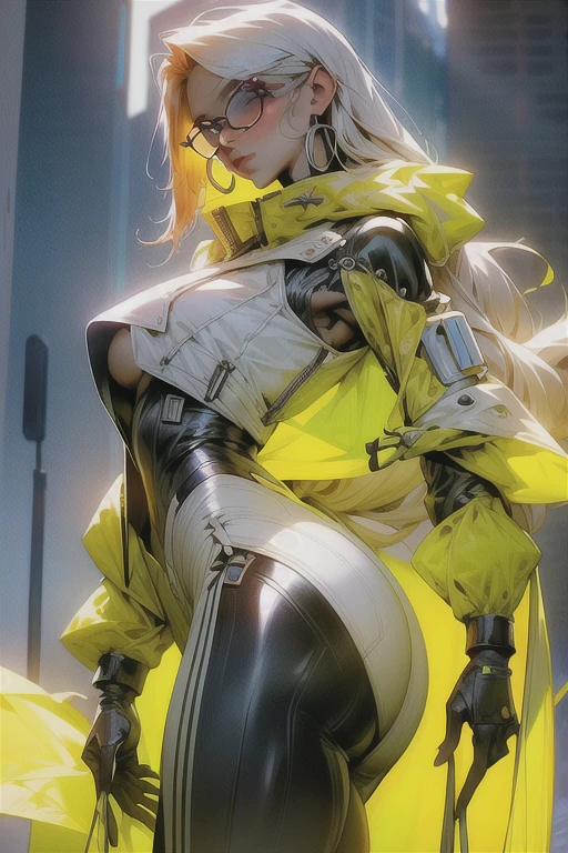 (highest quality、masterpiece:1.2) 1 Female, adult, ((Dark skinned women, Hair over the ears)), dark white hair, yellow Eyes, glasses, ((tailored jacket, white shirts, short pants)), (Malicious smile), sharp eye, (underboob), little earring, pose, hand gesture,