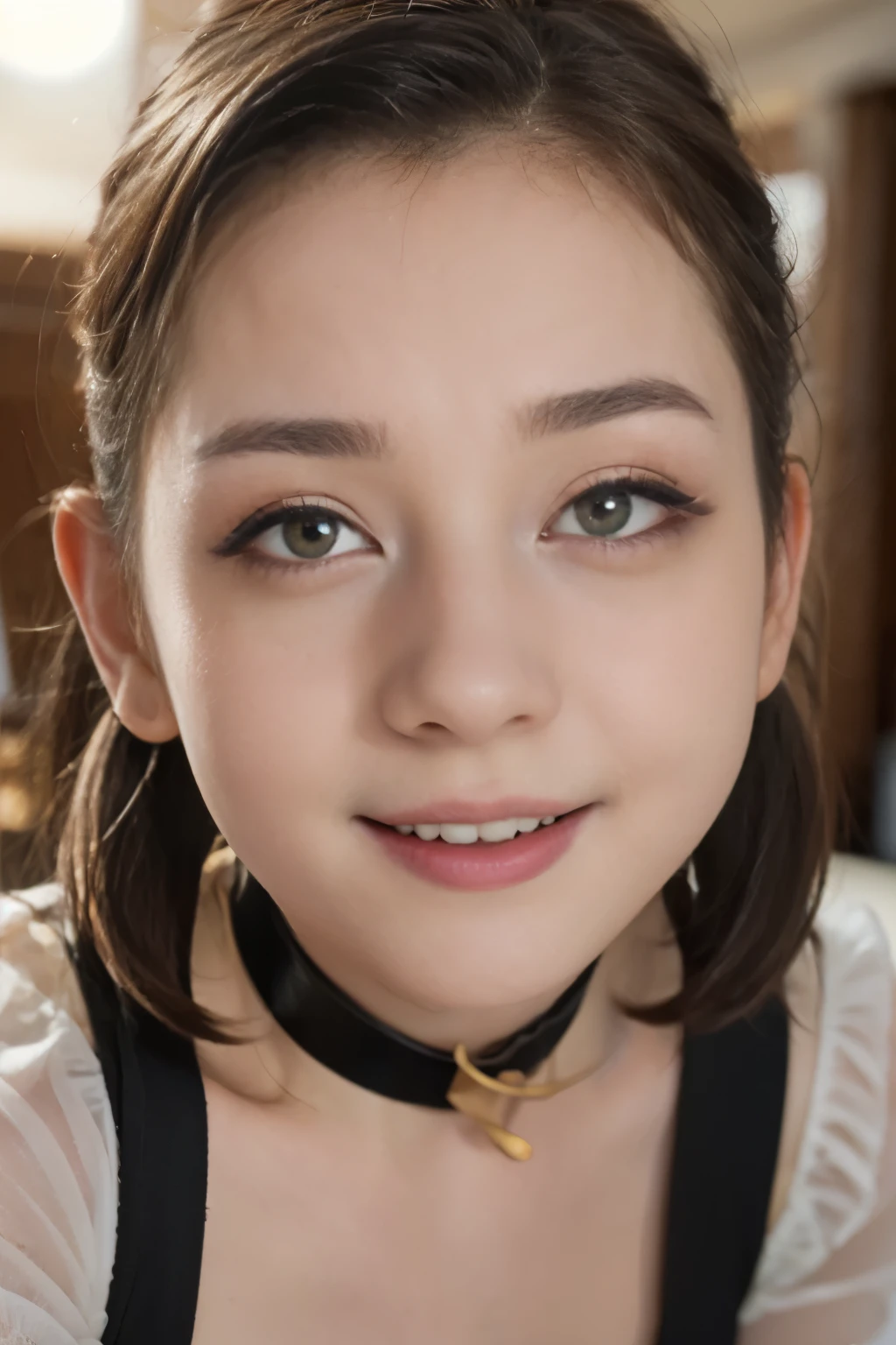 ((NECK SPIKE:1.1)), ((GOTHIC BLACK EYELASHES & LIPS)), ((BLACK LIPS)), ((shorthaircut:1.3)), adorable, 1 girl, (face to face), 10 years old, baby face, happy, half body portrait, (face details: 1), (eye details: 1), ((tiny breasts)). ((croptank "fiery skull" picture)), ((net stockings))