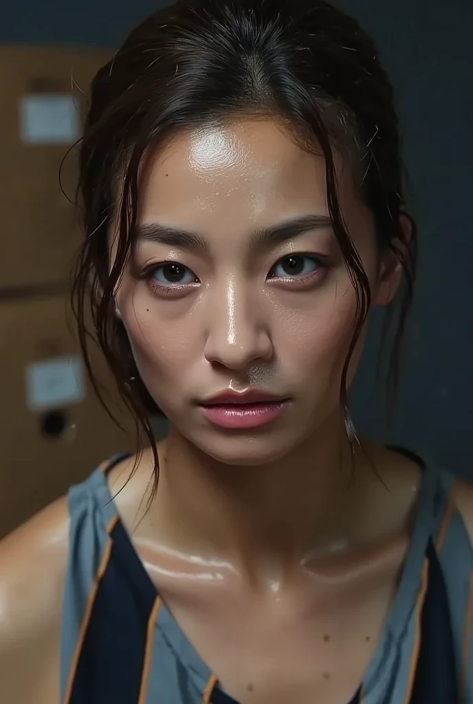 (Realistic:1.3、Ultra HD、Ultra-high resolution、8k、Japanese Housewife、Sleep on your back)、Attention in the armpits、((Look Viewer:1.8))、(Extremely realistic skin texture:1.4)、(Realistic:1.3)、short hair、(Embarrassed expression:1.5)、(blonde:1.5)、40-year-old woman、Ponytail hairstyle、(Lift one arm and show your armpit:1.3)、(Face close-up:1.32)、(Sweaty:1.2)、To be seen、Show off your nipples、Wet nipples、Chamisol