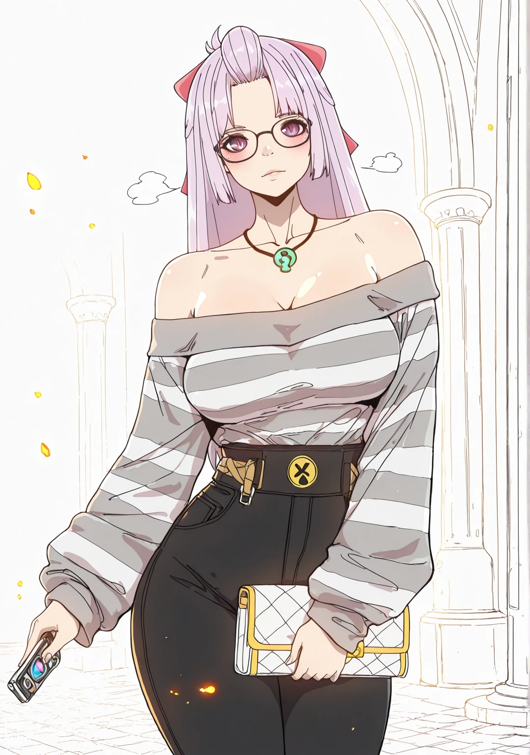 ggstduel, (norman_maggot-style:1.4), (luxu-style:0.8), ((anatomical correct)), ((embers)), ((Cinematic, unreal engine, eye-catching, ambient occlusion, UHD, masterpiece)), ((perfect lighting)), perfect body, perfect eyes, perfect fingers, gasping, heavy breathing, gasping profusely, ((skindentation)), ((curvy)), SHIKOKU_(MATO_SEIHEI_NO_SLAVE), purple hair, purple eyes, slit pupils, long hair, hair bow, red bow, parted bangs, ribbon trim, half updo hair, bangs_pinned_back, straight hair, medium breasts, plump, 1girl, glasses, solo, breasts, jewelry, necklace, bare_shoulders, pants, looking_at_viewer, off_shoulder, high-waist_pants, striped_shirt, striped, sweater, handbag, blush, holding, collarbone, shirt, long_sleeves, indoors