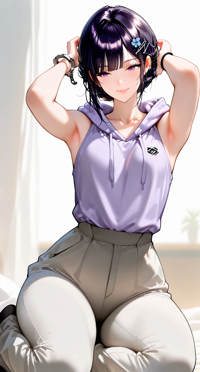 realisticlying,1girl,High ponytail,harelip,Blushlush,putting makeup on,Light smile,whaite hair,track suit,short skirt,wetclothes,with light glowing,upper legs,Purple eye,Bare shoulders,clavicle,a narrow waist,rays of sunshine,rays of sunshine,rosette,ventania,cleavage, (tmasterpiece), sweat leggs,Exposed milk,