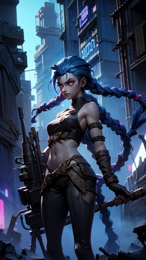 ((Best quality)), ((masterpiece)), (highly detailed:1.3), 3D, arcane style,In the dark and gritty dystopian city Piltover, plagued by violence and divided into two opposing factions, a young prodigy named Jinx emerges. Having endured unimaginable loss and abandonment, she has embraced a life of chaos and destruction. Known for her inventive and explosive abilities, Jinx becomes an icon of rebellion against the oppressive forces controlling the city. However, haunted by guilt and battling inner demons, she must confront her past and decide whether to continue down the path of anarchy or seek redemption amidst the turmoil. Explore the journey of Jinx as she navigates a treacherous world, fighting for survival, unraveling secrets, and discovering the true meaning of her twisted existencechaos reigns supreme, and at the heart of it all is Jinx, the embodiment of unpredictability. Delve deep into the twisted mind of Jinx, exploring the origins of her madness and the driving force behind her destructive nature. Unveil the moments that shaped her into the deranged and iconic character we know. Take us on a wild journey through the vibrant streets of Piltover and the grim underbelly of Zaun as Jinx wreaks havoc with her explosive arsenal. Can redemption ever find its way into Jinx's fractured soul? Or will she forever dance on the edge of sanity, embracing the chaos that fuels her very existence? The fate of Arcane hangs in the balance as Jinx's path intertwines with unlikely allies and formidable foes. Ignite your imagination and paint a vivid portrait of Jinx's twisted psyche, capturing the essence of her madness and the untamed spirit that defines her,HDR (High Dynamic Range),Ray Tracing,NVIDIA RTX,Super-Resolution,Unreal 5,Subsurface scattering,PBR Texturing,Post-processing,Anisotropic Filtering,Depth-of-field,Maximum clarity and sharpness,Multi-layered textures,Albedo and Specular maps,Surface shading,Accurate simulation of light-material interaction,Perfect proportion
