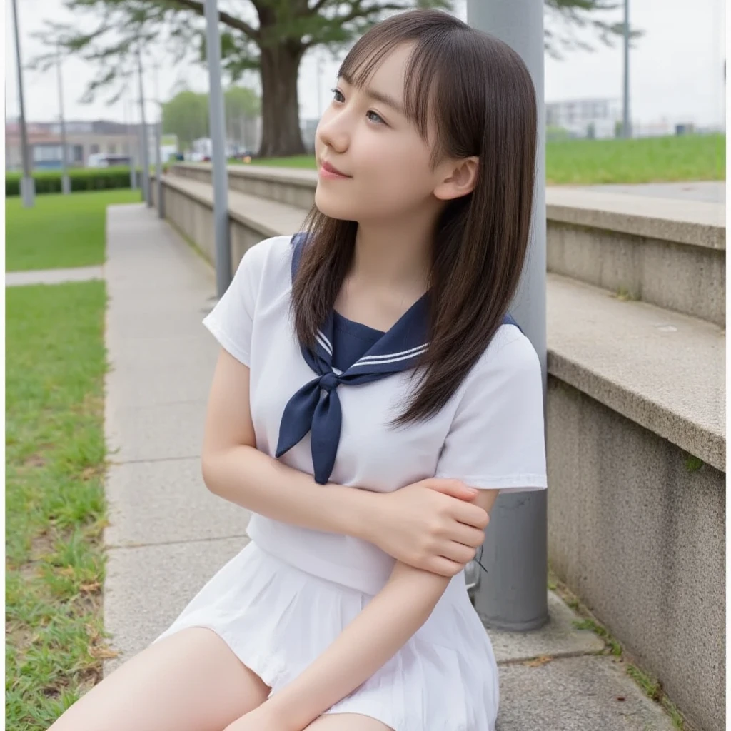 ((highest quality、8K、master piece:1.3))、draw beautiful women、that girl、Highly exposed Japanese high school girl uniform、super mini skirt、white panties、1 girl、beautiful japanese woman:1.3、beautiful woman with perfect style:1.4、perfect eyes、gentle eyes、perfect iris、perfect skin、super detailed face、delicate eyes、double eyelid、smile、I can see my knees clearly:1.35、((Capture the whole leg:1.388))、((saggy breasts:1.41))、((自分でネイビーのスカートを持ち上げてwhite pantiesを見せて:1.23))、((丈の短いblack socksを履いて:1.33))、((wear loafers:1.29))、(((See here:1.23))、((black socks:1.3))、((Open your legs wide to the left and right))、((:1.43))、smile、japanese sailor suit、((Twin tail hair with bangs:1.23))、((Sitting on a bench in the park at night with legs wide open:1.33))、white pantiesを着用、((white detailed lace panties))、(white underwear)、((fat:1.22))、((Chubby:1.16))