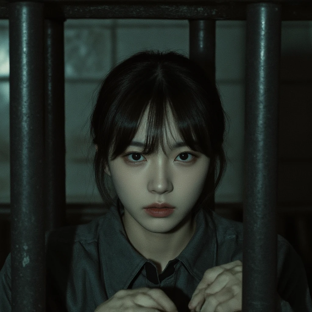 Chinese girl dressed in prison uniform, Girl tied with low hair bun will be put to death, Sad atmosphere,period theater scene, (guillotine:2), Sanitary personnel carrying out death sentences, with extremely fine hair and face, realistic, 8k, ultra-fine,  masterpiece, bright colors in the blink of an eye, dramatic lighting, Dull gloomy atmosphere, Movie, emotional, (handcuffed:1.3), japanese girl, (guillotine:1.2), in 1937 , (worried and nervous face:1.7),  arrested