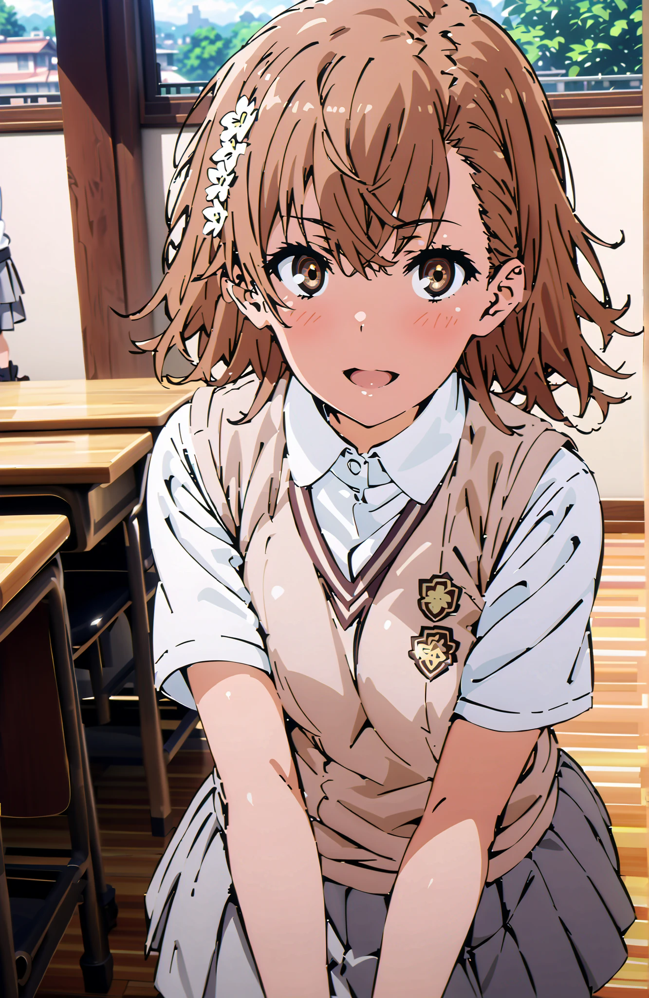 Misaka Mikoto , short hair, brown hair, hair ornament that grabs Narmaya's chest, hair flower, brown eyes in the bedroom,smile,blush,open your mouth,
skirt for ears, shirt, uniform, white shirt, Short Sleeves, pleated skirt for ears, grey skirt for ears, sweater vest,loose socks ,loafers,tokiwadai uniform,holding a bouquet of flowers with both arms, Flower blowing snow, Beautiful Streetscapes,standing,in their 40s indoors, Classroom,
in their 40s looking at viewer,full body,
in their 40s (masterpiece:1.2), Highest Quality, high resolution, Unity 8k 壁紙, (Illustrations:0.8), (beautiful detailed eyes:1.6), very detailed face, perfect lighting on the table, extremely detailed CG, (perfect hand, perfect anatomy),