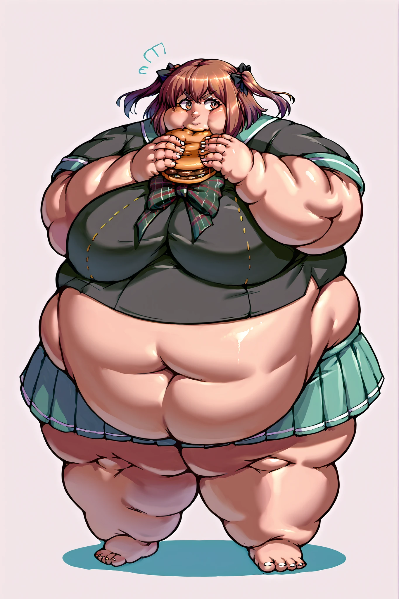 Masterpiece, Best Quality, Obese Ventidef, beret, obese body, hat flower, white shirt, big fat butt, smile, bow, long sleeves, frilled sleeves, corset, cape, green shorts, white pantyhose, Jewelry, brooch, bar, Blushing, lean, backboob, behind, Shows ass