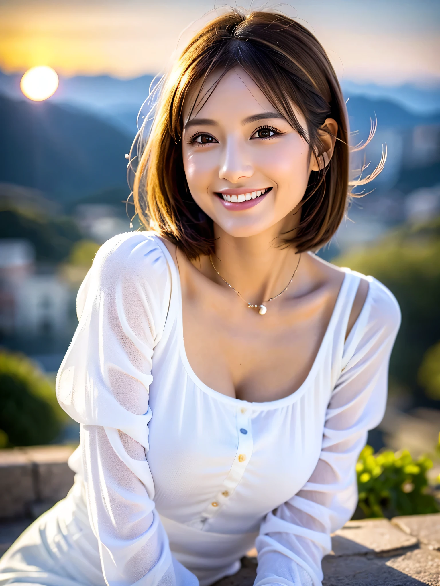 （masterpiece）、(Highest quality:1.5)、(Photorealistic:1.2)、(Surreal), (High resolution), (Realistic), (Post-processing),(Sharp focus), Sharp focus:1.2,Backlight, (Improvement of quality:1.4), Healthy thighs、(Narrow waist)、Big Ass、((Perfectly detailed five-fingered hands)),（Anatomically correct body）、((1 female:1.4))、Japanese、Realistic Skin、（Small chest：1.4）、Bust size is A cup、Pretty woman with perfect figure:1.4,(from the front:1.5), (Enhances the beauty of skin texture:1.1),No makeup、美しいBlack Hair、最高のsmile、Natural color lip、(Small Mouth:1.4)、The mouth is not open、Thick lips、(Oval Face)、Even bangs、Hide eyebrows with bangs、((33-year-old woman))、Bob Hair、Hair blowing in the wind, (Black Hair, Iris, Watery eyes, Shining Eyes, Bob Cut Hair, Small earrings,), Hair behind the ear、No makeup、(Drooping eyes)、whole body、(((One lovely woman)),((優しい大きなsmile)),(( Small breasts,Small breastsの谷間)),((((Plump Cheeks)))),((whole body：1.５)),very cute,(Baby Face),高級restaurantで、full-course dinner、Wine Party、Bright image、The beauty of wine, Beautiful Face,  red wine 、Appetizers、Italian food、Wine bottle、Champagne、sparkling wine、(slimな顔), (The body is slim),restaurant,  White wine, slim, wine glass, 中央に置かれたwine glass, smile, (smile: 1.15), Beautiful fine grain, Depth f/2,saturation, High Contrast, Strong light and shadow,Moist Body:1.5、3D texture、Delicate eyes、((In front of the food on the table：1.5)）、White collar shirt and tie、erious expression