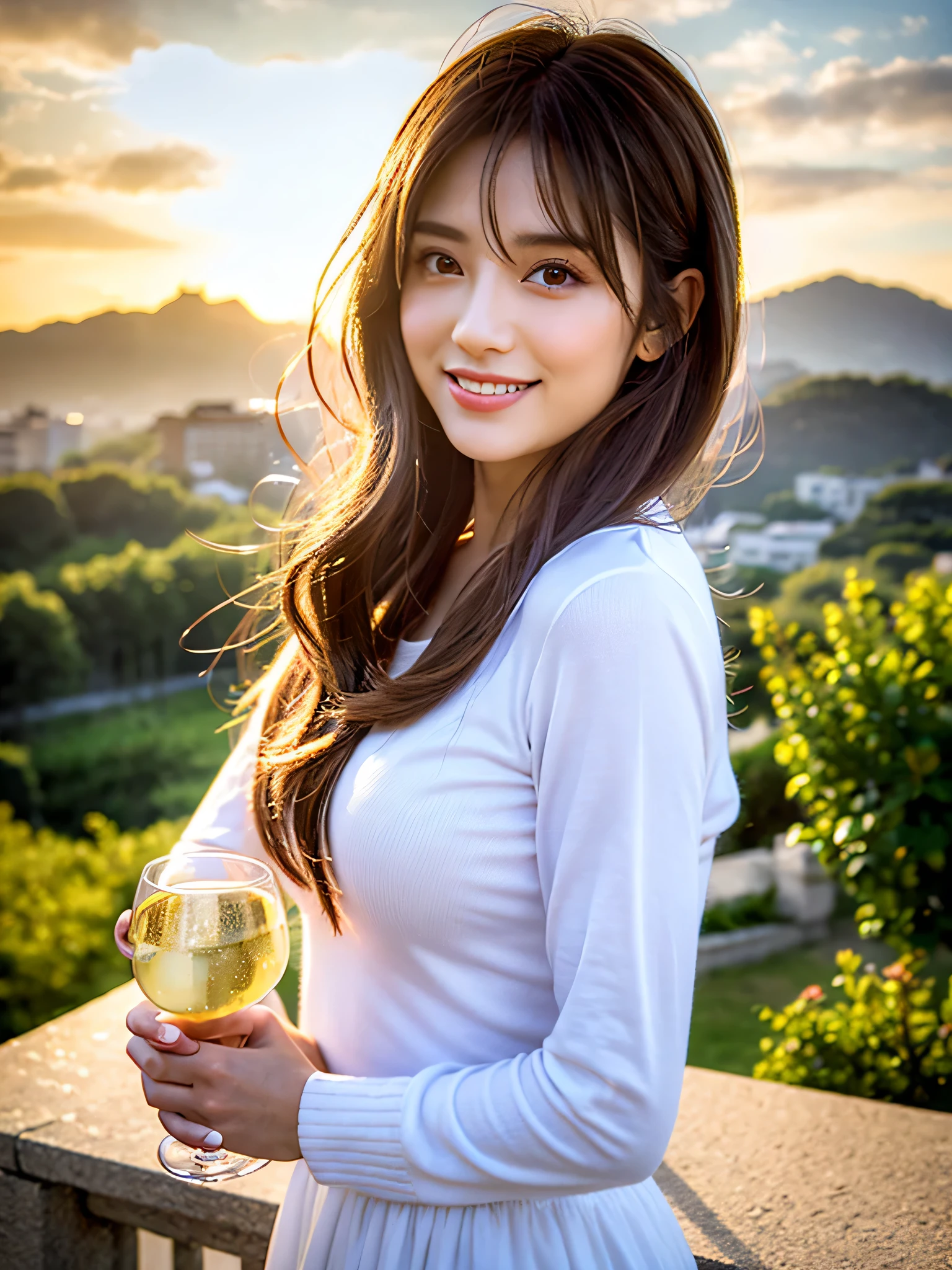 ((Highest quality、、masterpiece:1.3))、1 male、1 female,36 years old 39 years old、Put the light on my face、Slim Beauty、Beautiful couple、Upper Body、smile、 (Slim face), (the body is スリム), (Brown Hair), (Shortcuts), テーブルのフルコースディナーとwine glass、Amazing view of the sunset sky and clouds、smileの美しさ、Wine bottle、sparkling wine、Long sleeve shirt、dress、White wine, red wine, wine glass, Beautiful fine grain, Depth f/2,saturation, High Contrast, Strong light and shadow,Moist Body:1.5、 texture、The hair is very shiny、