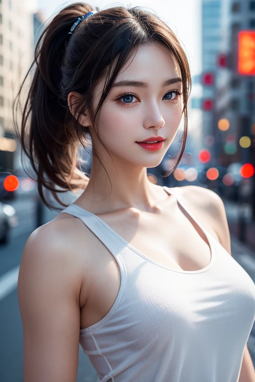 Urban beautiful girl college student, masterpiece, light makeup, red lips, silver hair, messy long hair, street background, beautiful, elegant. super fine details, master works, authentic texture, cinematic lighting realism, perfect job, 16K, hd, exquisite features,blue eyes、japanese idol、Beautiful Face、cute smile、brown hair、beautiful hair、ponytail、glamorous、perfect breasts、erect nipples、Oily muscle、shiny skin、white skin, glowing skin, bright big eyes, smooth skin, super sexy  tank top, thin tank top 