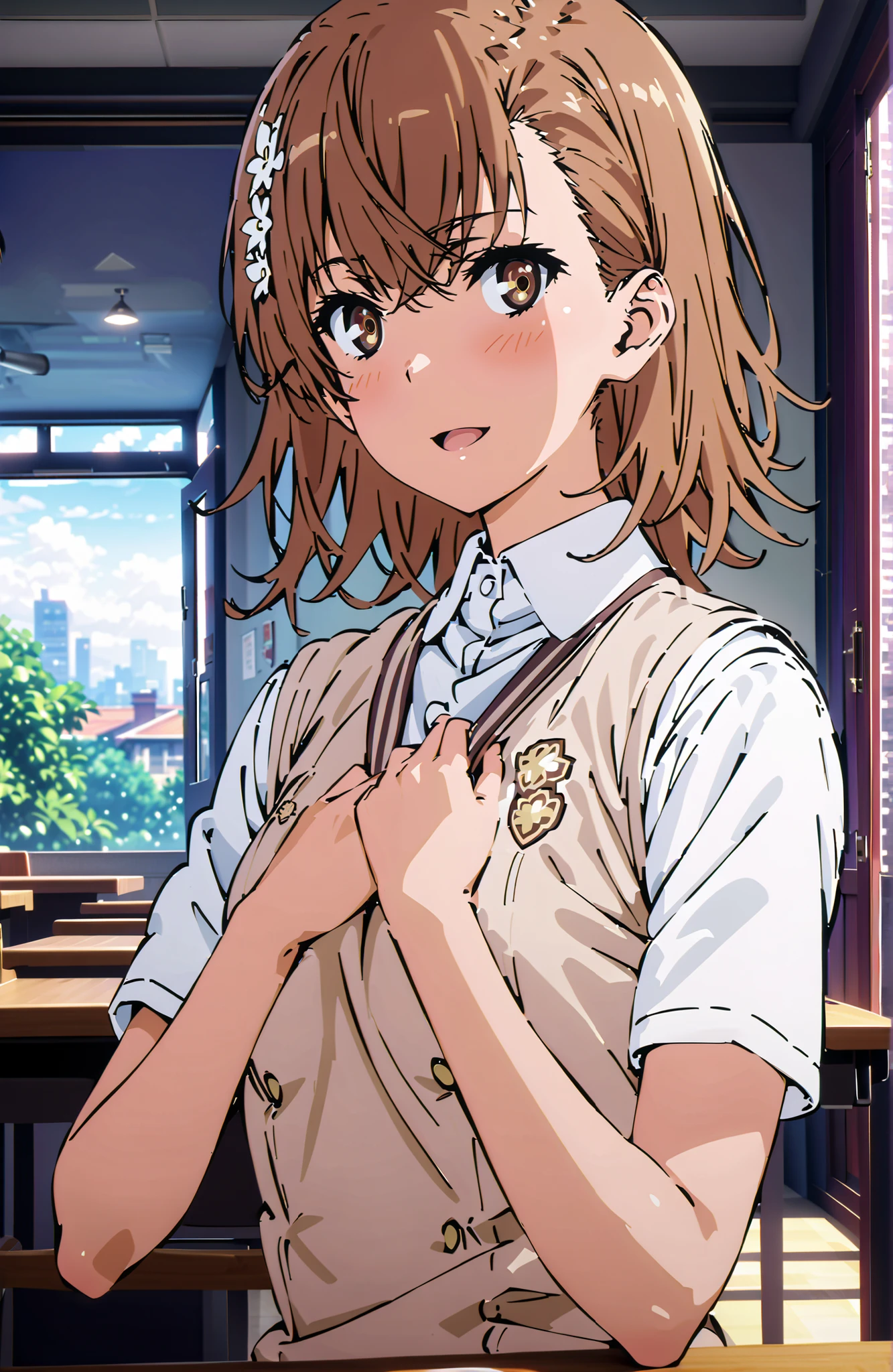 Misaka Mikoto , short hair, brown hair, hair ornament that grabs Narmaya's chest, hair flower, brown eyes in the bedroom,smile,blush,open your mouth,
skirt for ears, shirt, uniform, white shirt, Short Sleeves, pleated skirt for ears, grey skirt for ears, sweater vest,loose socks ,loafers,tokiwadai uniform,holding a bouquet of flowers with both arms, Flower blowing snow, Beautiful Streetscapes,standing,in their 40s indoors, Classroom,
in their 40s looking at viewer,full body,
in their 40s (masterpiece:1.2), Highest Quality, high resolution, Unity 8k 壁紙, (Illustrations:0.8), (beautiful detailed eyes:1.6), very detailed face,  perfect lighting on the table, extremely detailed CG, (perfect hand, perfect anatomy),