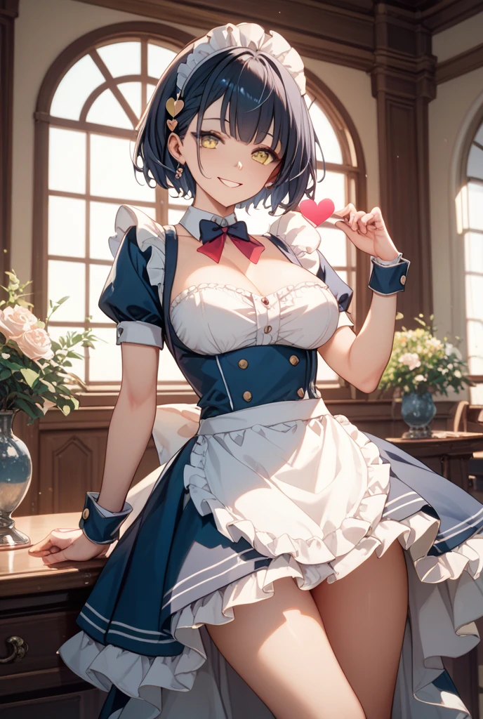 High quality, masterpiece, ultra-detailed, bunny maid outfit, headress, bows, 1girl, solo, on bed, many balloons, short hair, enchanting blue eyes, ridiculously large breasts, shiny skin, knees up, white panties, m legs