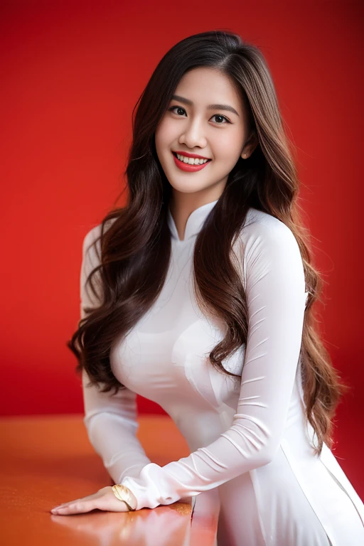 VIETNAM BEAUTIFUL GIRL WEAR AODAI, AO DAI RED COSTUME, VIETNAMESE, ((tet holiday in vietnam)), 4k, masterpiece,, stunning beautiful idol detailed face, all body , (vietnam model girl), nsfw, sexy, see-though clothes, light smile, make up, big , red color, ((tet red color backdrop))