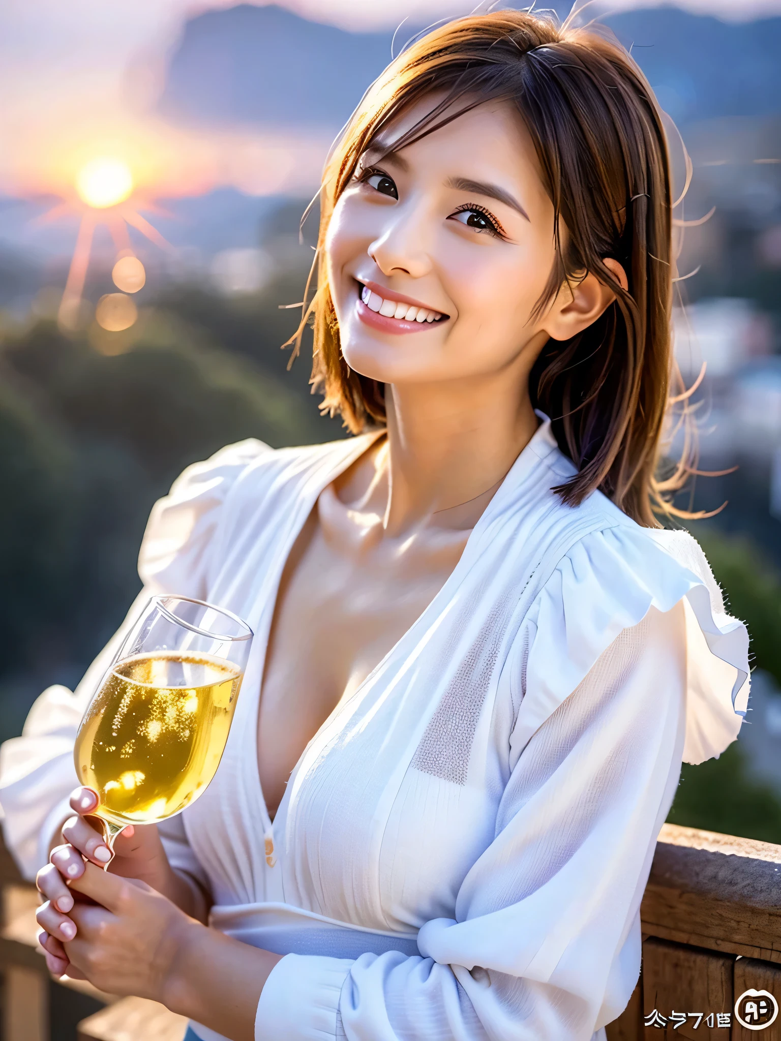 (uetoaya),(high quality:1.2,Ultra-realistic) 、Detailed face、fine grain、Beautiful Japanese Women、32 Talent、short hairやアップヘアのランダムなヘアスタイル、Black Hair、athlete、Big Breasts,Cleavage、The treasure chest is on the table、Tube top、Sit at the table,  (Big smile,Happy expression:Pure joy). she has (short hair) and、 Place a large beer mug on the table、Looking into the camera、blush:2.5
