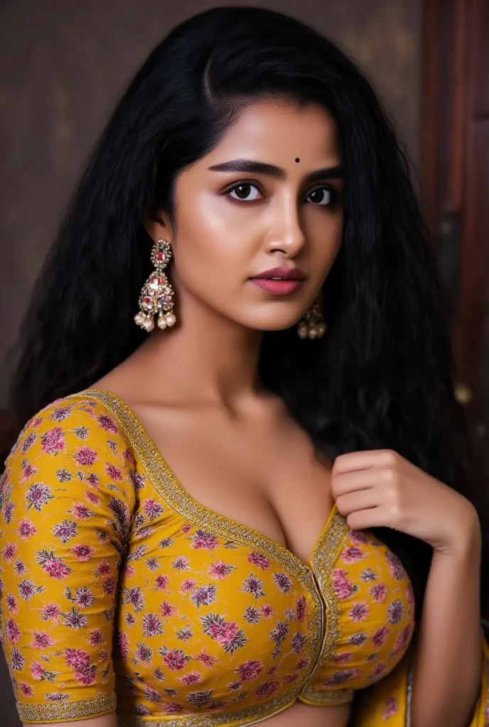 beautiful cute young attractive indian age girl, village girl, 1, cute, Instagram model, long black_hair, colorful hair, indian, huge big breasts, little smiling, smooth face very realistic