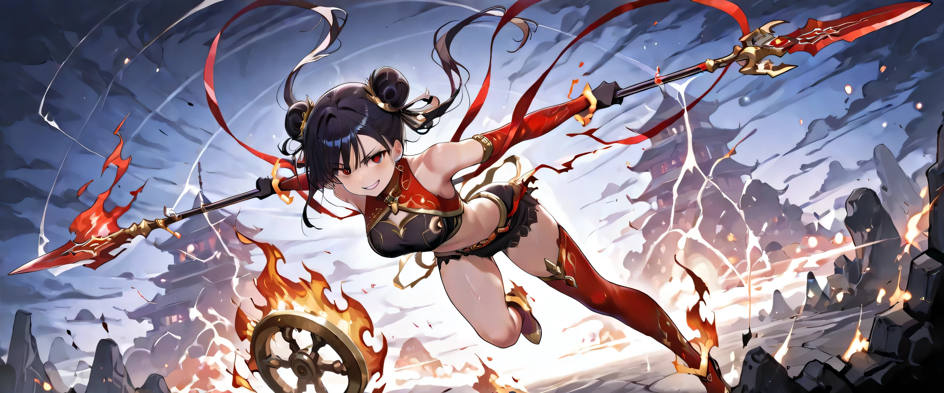 (masterpiece, best quality, ultra detailed, chinese mythology fantasy style, 4k), a fierce and enchanting female version of Nezha (Na Tra), riding atop her blazing flame wheels (Phong Hỏa Luân) high in the sky. Her pose is dynamic and commanding — one leg bent forward on the spinning wheel, the other trailing gracefully behind as she balances mid-air, flames swirling beneath her feet. She has glowing red eyes, wild black hair tied into twin buns with golden dragon ornaments. Her face is youthful yet fierce, with a mischievous smile and fierce gaze that reflects both rebelliousness and divine power. She has six arms: - One hand holds a blazing fire spear (fire-tipped spear), - One hand holds the cosmic golden hoop (Càn Khôn Circle), - One hand holds the silk ribbon (Hỗn Thiên Lăng), - One hand holds a flaming wheel, - One hand holds a fire lotus charm, - One hand wields a small divine sword. She wears a red and gold battle outfit with armored elements and flowing silk sashes. Her midriff and shoulders are exposed, showcasing her athletic, toned body. In her four arms, she wields a flaming spear, a golden Càn Khôn Circle, a floating silk ribbon (Hỗn Thiên Lăng), and a fire lotus charm. Her red aura crackles with divine fire, and dragon-shaped flame patterns trail behind her as she rides. The sky around her is stormy and divine — clouds torn apart by her speed, with lightning and heavenly symbols glowing in the background. Her expression is playful yet indomitable — a fire goddess of youthful chaos and divine justice. Style: mythological epic, Chinese fantasy.