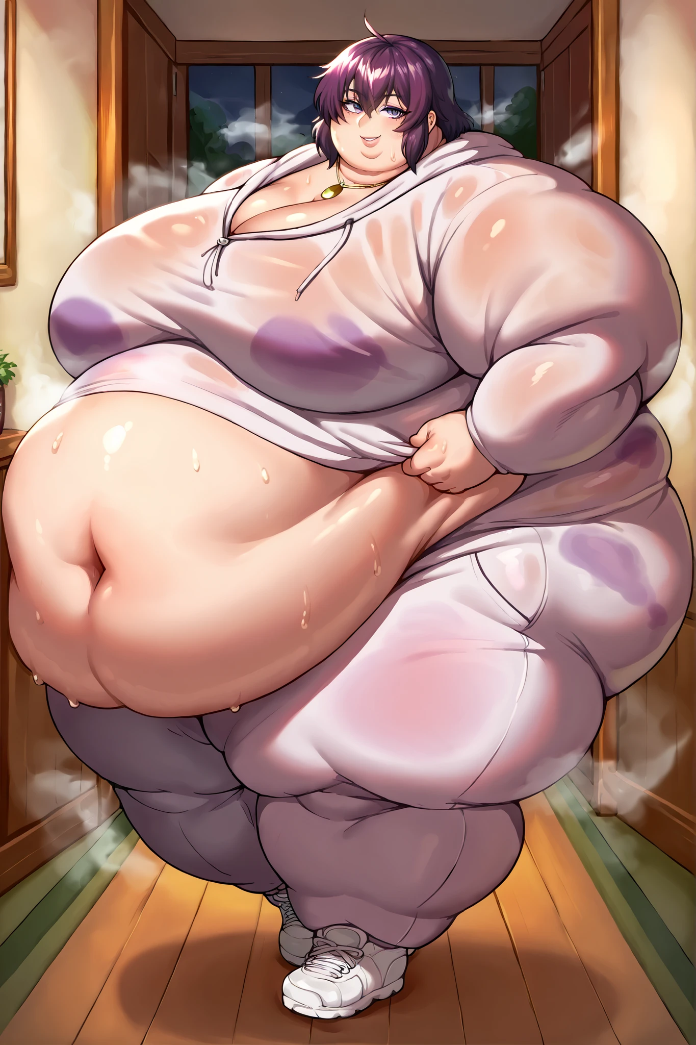 Belle Delphine, masterpiece quality, (masterpiece quality:1.3), realistic, (realistic:1.5), 1girl, (1girl:1.9), solo, (solo:1.9), in a fancy kitchen, lots of food in background, long hair, pink hair, (pink hair:1.5), naked breasts, (naked breasts:1.5), midriff, (midriff:1.5), naked body, (naked body:1.5), wearing choker collar, bare legs, (bare legs:1.5), obese belly, (obese belly:1.5), vore, vore belly, (vore belly:1.5), ssbbw, (ssbbw:1.5), immobile blob, (immobile blob:1.5), gigantic breasts, (gigantic breasts:1.9), lots of cleavage, (cleavage:1.5), ahegao, (ahegao:1.5),