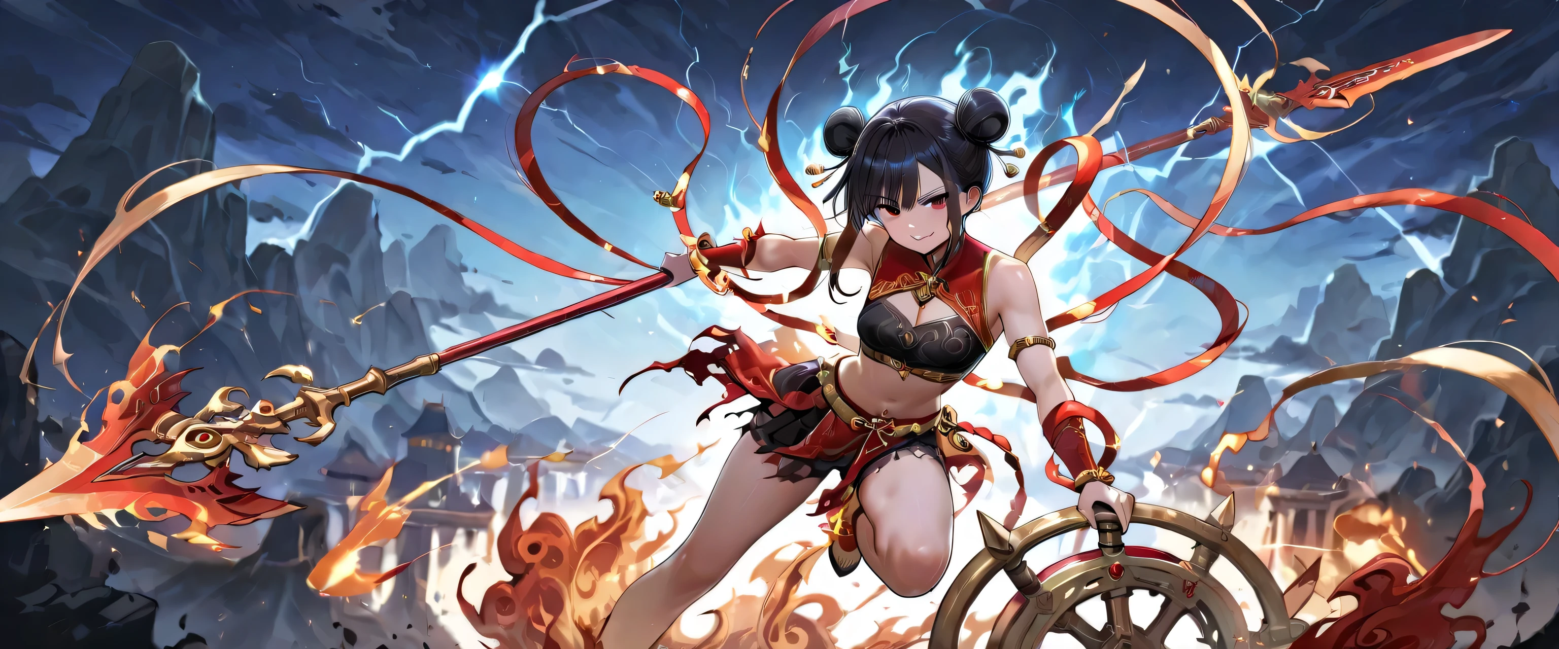 (masterpiece, best quality, ultra detailed, chinese mythology fantasy style, 4k), a fierce and enchanting female version of Nezha (Na Tra), riding atop her blazing flame wheels (Phong Hỏa Luân) high in the sky. Her pose is dynamic and commanding — one leg bent forward on the spinning wheel, the other trailing gracefully behind as she balances mid-air, flames swirling beneath her feet. She has glowing red eyes, wild black hair tied into twin buns with golden dragon ornaments. Her face is youthful yet fierce, with a mischievous smile and fierce gaze that reflects both rebelliousness and divine power. She has six arms: - One hand holds a blazing fire spear (fire-tipped spear), - One hand holds the cosmic golden hoop (Càn Khôn Circle), - One hand holds the silk ribbon (Hỗn Thiên Lăng), - One hand holds a flaming wheel, - One hand holds a fire lotus charm, - One hand wields a small divine sword. She wears a red and gold battle outfit with armored elements and flowing silk sashes. Her midriff and shoulders are exposed, showcasing her athletic, toned body. In her four arms, she wields a flaming spear, a golden Càn Khôn Circle, a floating silk ribbon (Hỗn Thiên Lăng), and a fire lotus charm. Her red aura crackles with divine fire, and dragon-shaped flame patterns trail behind her as she rides. The sky around her is stormy and divine — clouds torn apart by her speed, with lightning and heavenly symbols glowing in the background. Her expression is playful yet indomitable — a fire goddess of youthful chaos and divine justice. Style: mythological epic, Chinese fantasy.