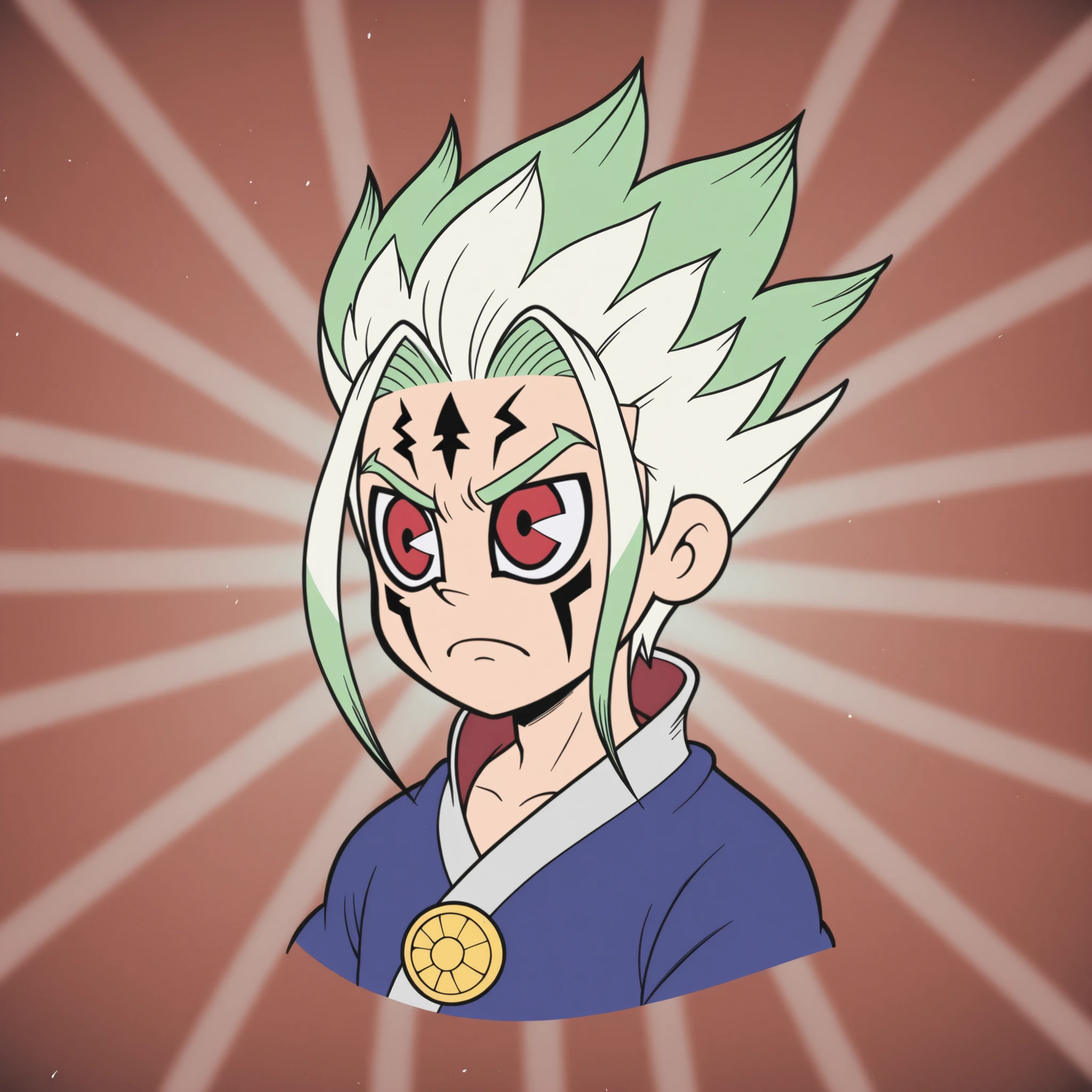 Rubberhose, toon \(style\) senkuu_ishigami, green hair, red eyes, multicolored hair, two-tone hair, white hair, facial mark