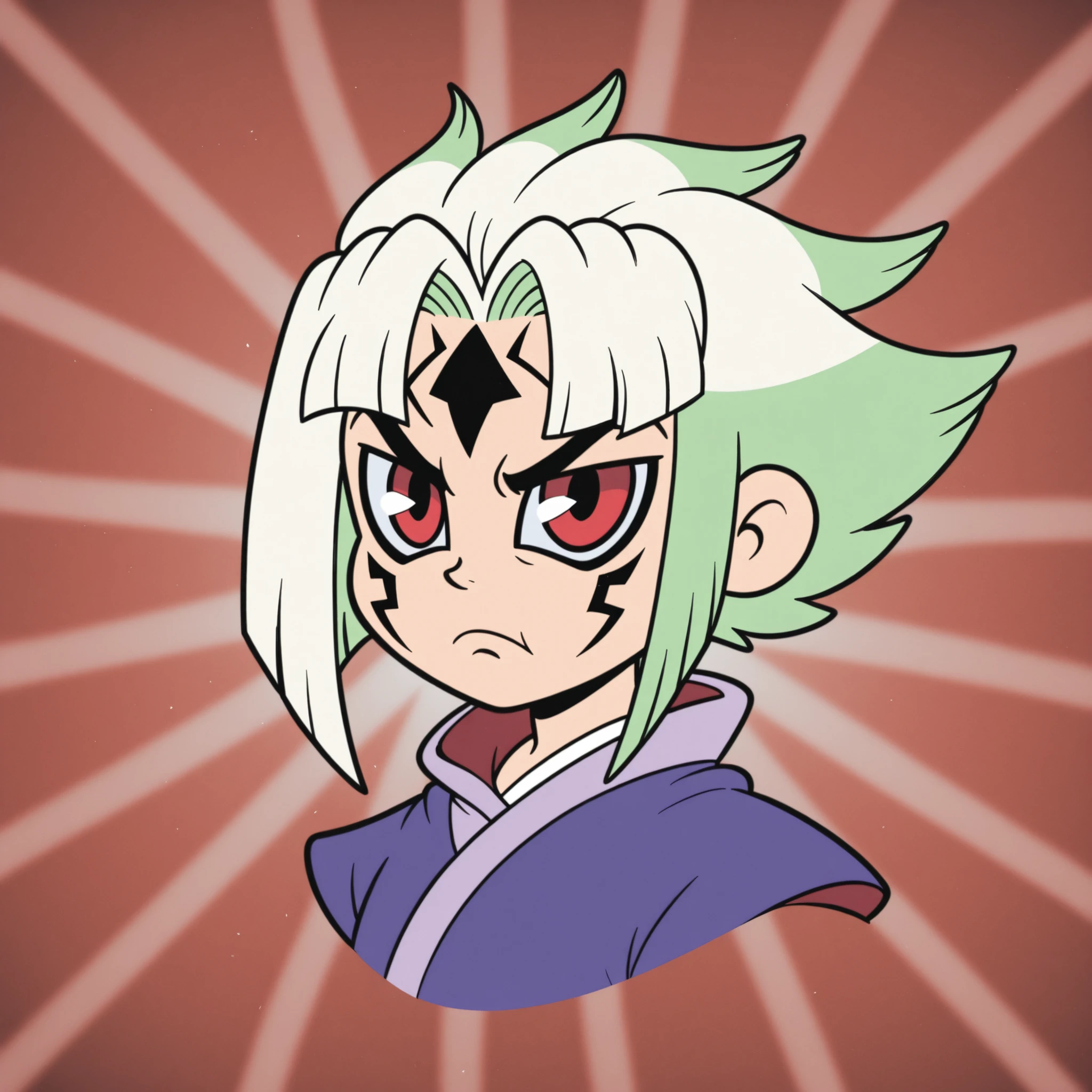 Rubberhose, toon \(style\) senkuu_ishigami, green hair, red eyes, multicolored hair, two-tone hair, white hair, facial mark