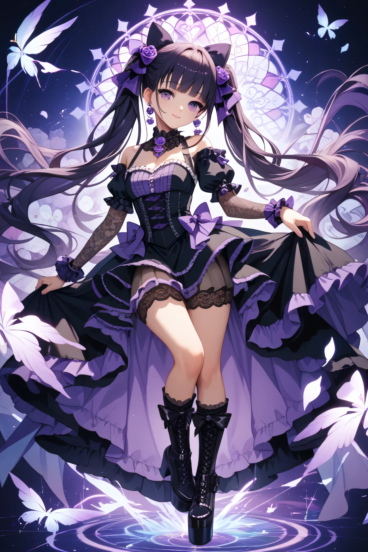 (hyper extreme detailed),(masterpeace),(best quality),(hyper extreme),CG,indoors,bedroom,1girl, <lora:Felix_Schultz:1>Felix_Schultz,purple hair,twintails,tiara,red eyes, black dress,long skirt,elbow gloves,high heels, petite,