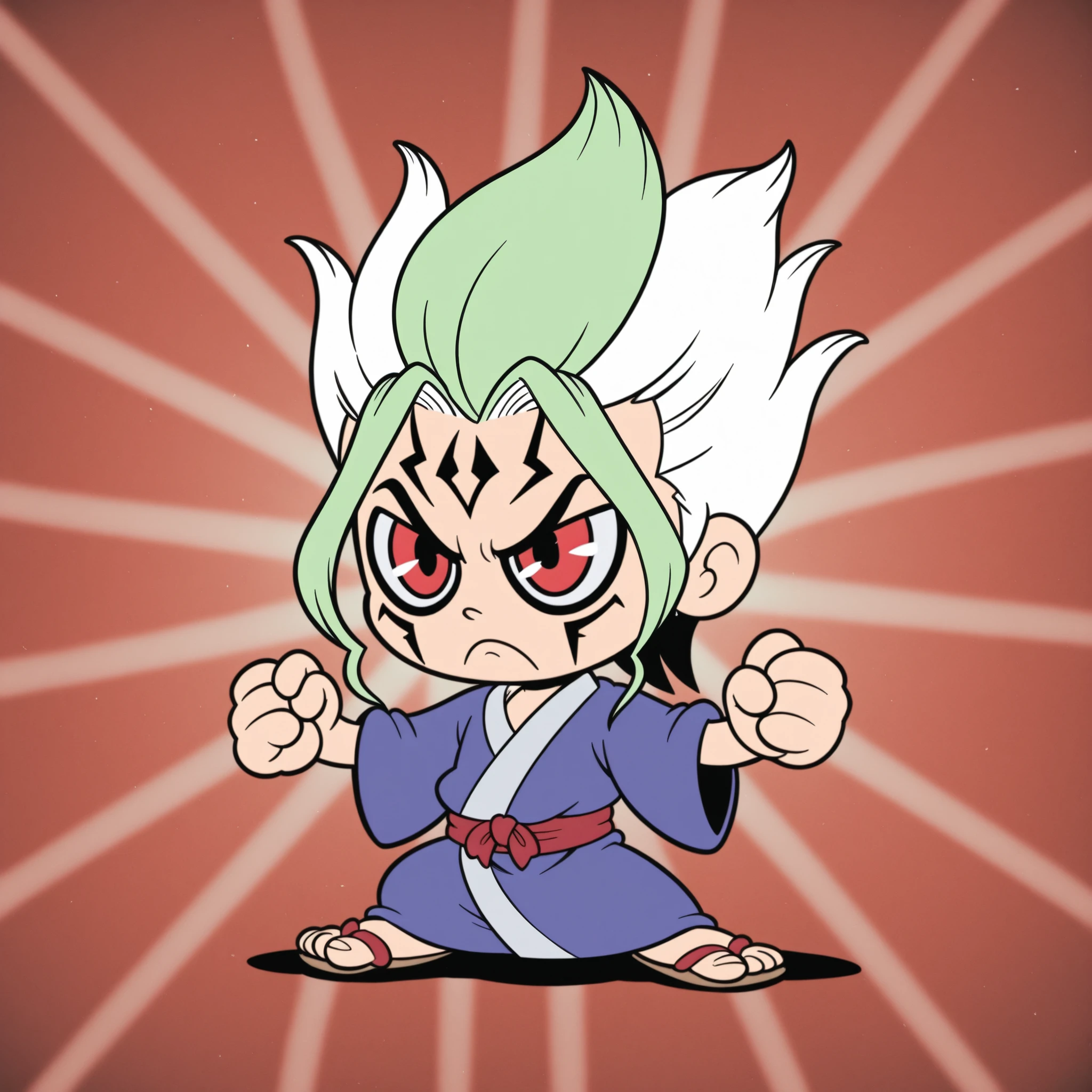 Rubberhose, toon \(style\) senkuu_ishigami, green hair, red eyes, multicolored hair, two-tone hair, white hair, facial mark