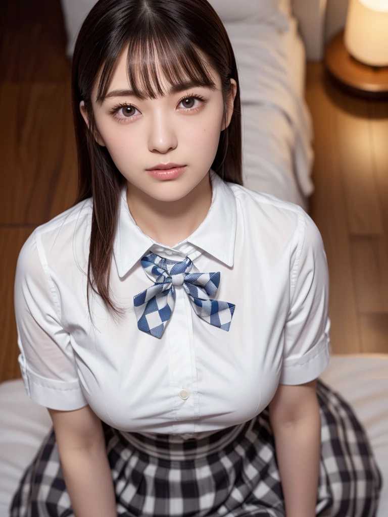 ((8K、Raw photography、top-quality、masterpiece)、(realisitic、photorealisim:1.37)、(top-quality)、(Best Shadows)、(The best illustrations)、鎖骨((爆乳))、((A sexy、超A high resolution、High Definition CG Unified 8K Denden Wallpaper、physically-based renderingt、Cinematographic lighting)、25 year old girl、 (sockes、high-school uniform:1.2), beautiful finely detailed eyes, Light on the Face, ((FULL BODYSHOT:1.2)), especially strong light,glowy skin、( thick thight), (The Flash:1.2), NSFW, (puffies,face perfect、爆乳、Schools、full body Esbian、Pants are visible through the skirt、kawaii faces、Brown hair、Sleep in bed with your eyes closed、siesta、sprawl、Lie down,Lie down,