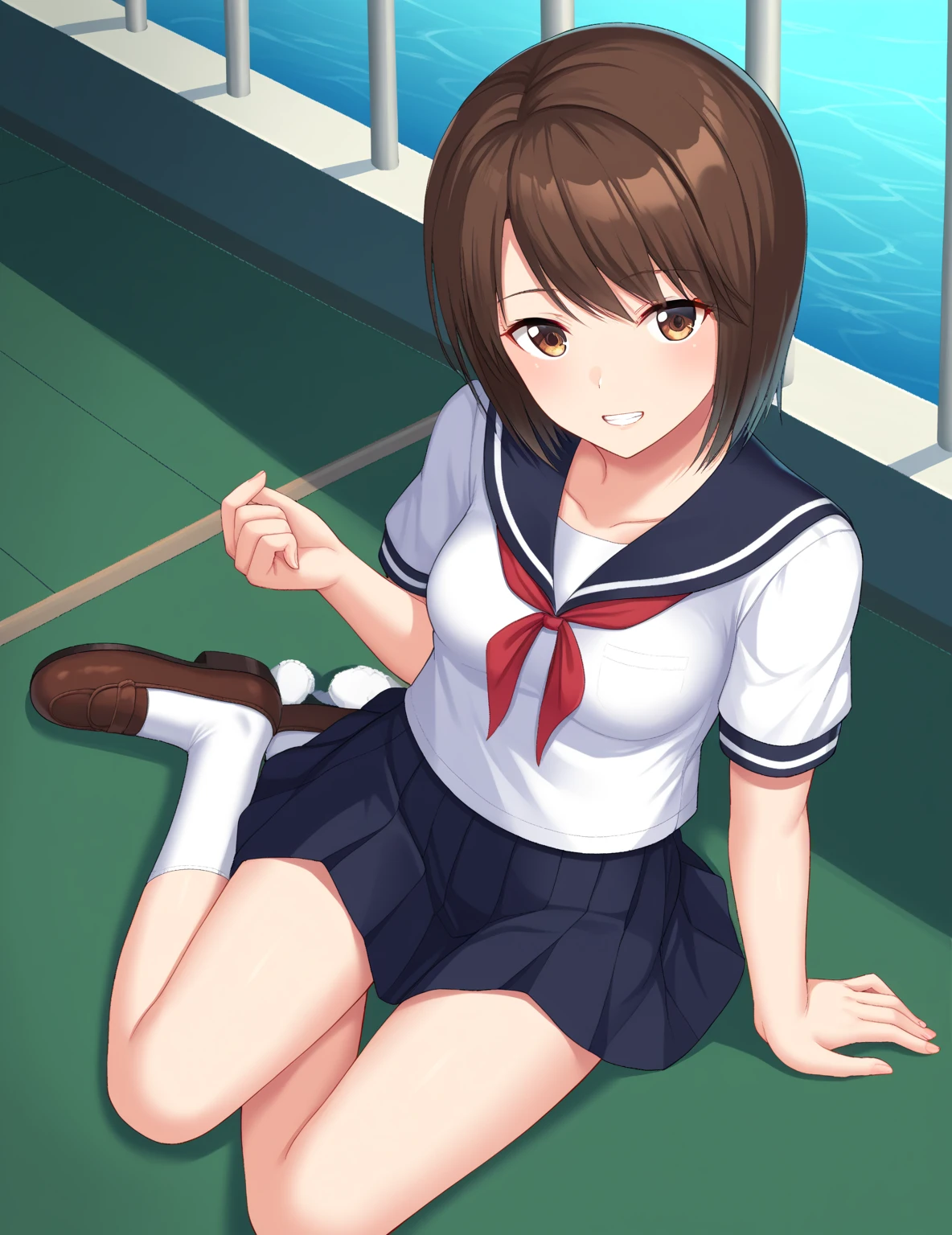 Highest quality, masterpiece, High resolution, alone, ((Perfect hands, Perfect Legs, Perfect Anatomy)), {inazuma_Kantai Collection}, brown_hair, Folded_ponytail, brown_eye, length_hair, Open_mouth, smile, School Uniforms,skirt,プリーツskirt,((Flat Chest, Small breasts)),navel, (Outdoor), (skirtリフト),((nsfw)), Wet clothes, ((spread legs, legs up), cameltoe,((uncensored no correction))