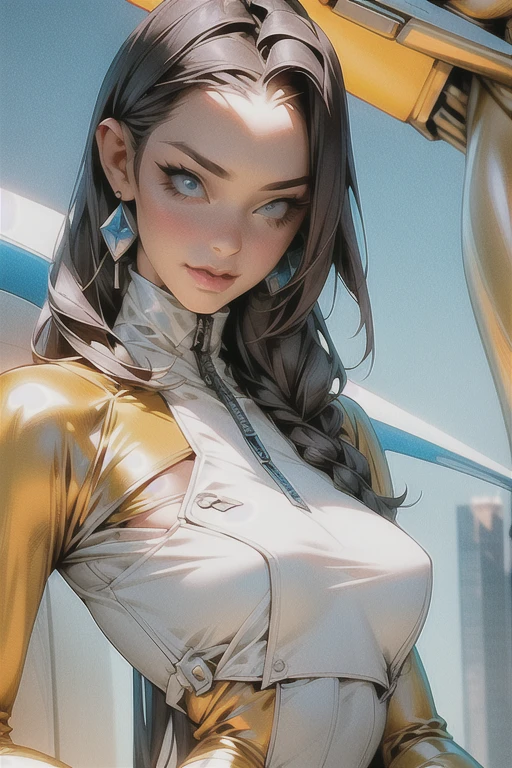 masterpiece, (masterpiece, top quality, best quality),1girl, solo, bodysuit, breasts, long hair, white background, smile, simple background, medium breasts, helmet, looking at viewer, skin tight, sitting, lips, blue bodysuit, motorcycle, black gloves, gloves